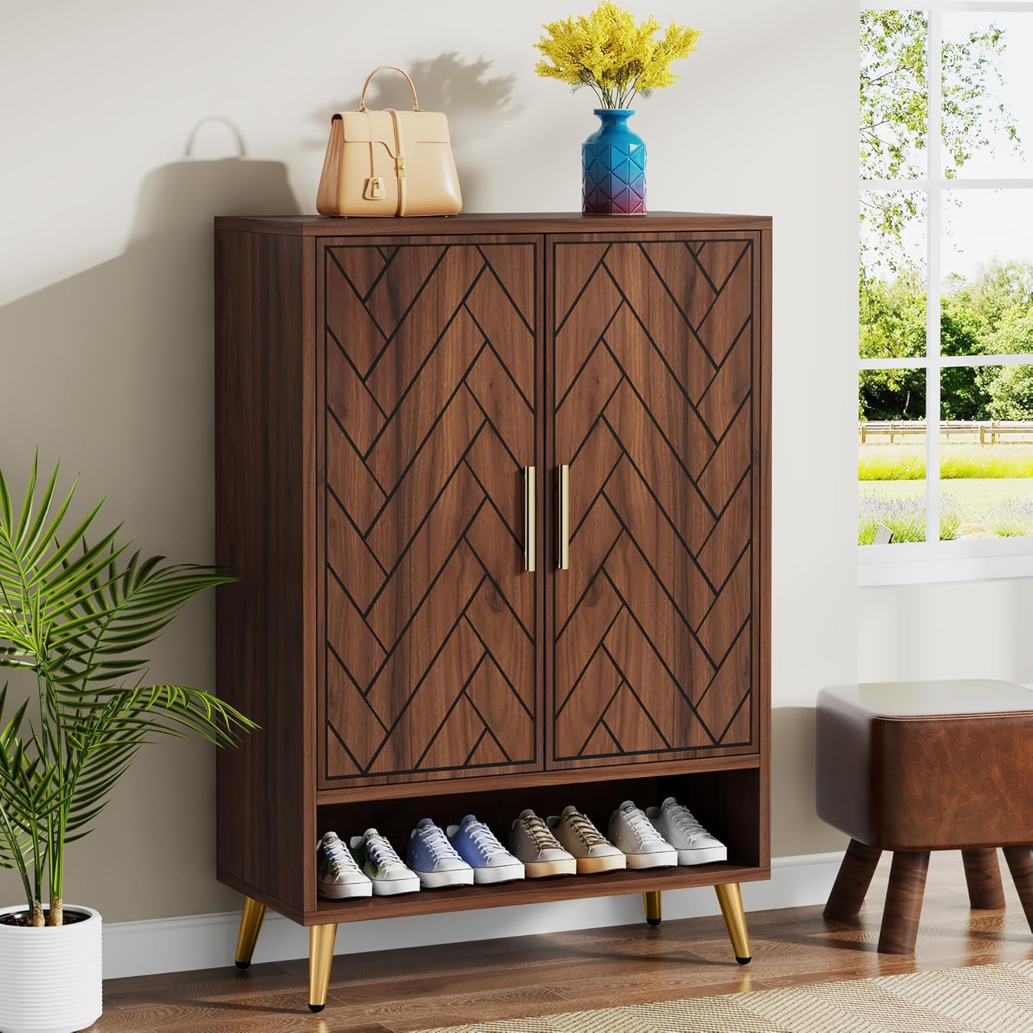 6-Tier Adjustable Shoe Cabinet, Wooden Shoe Organizer with Storage Shelves
