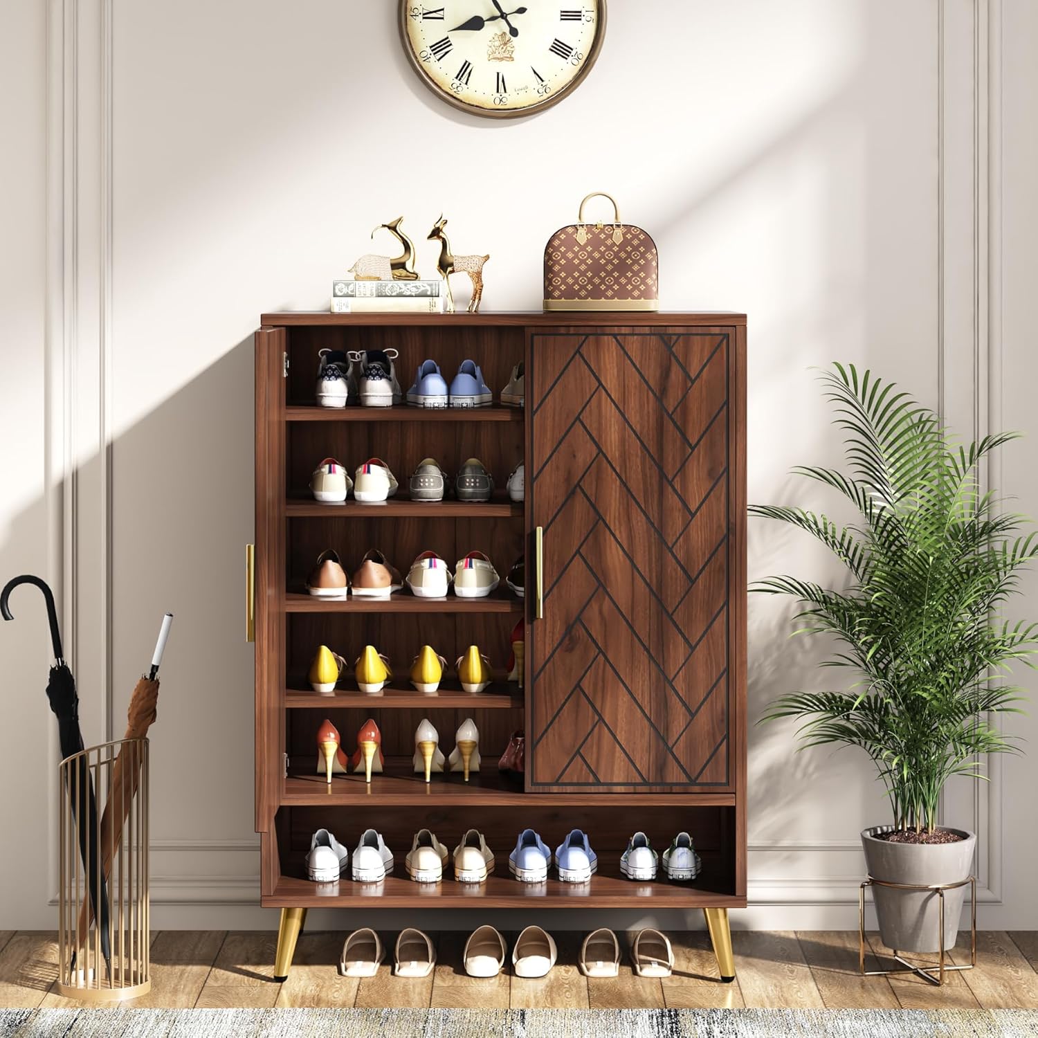 6-Tier Adjustable Shoe Cabinet, Wooden Shoe Organizer with Storage Shelves