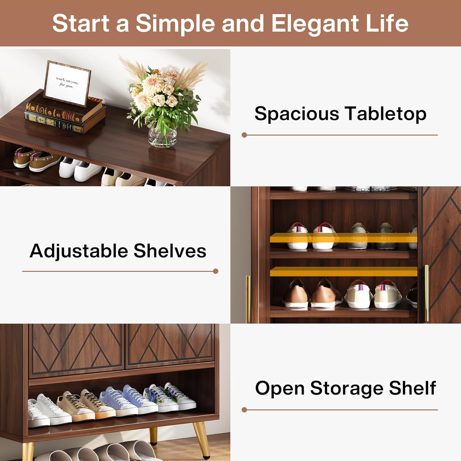 6-Tier Adjustable Shoe Cabinet, Wooden Shoe Organizer with Storage Shelves