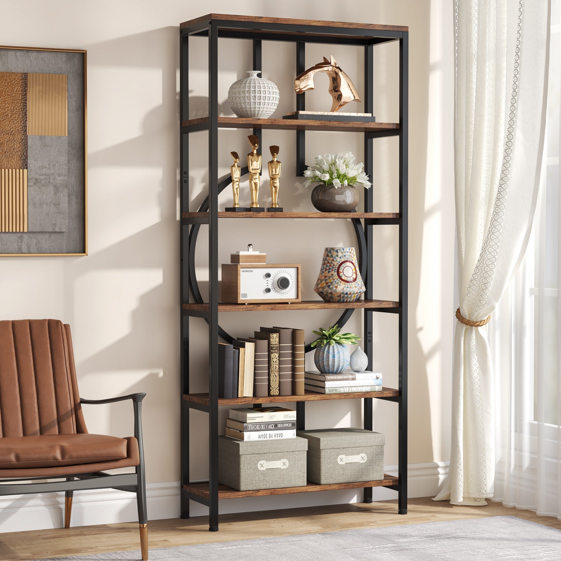 70.9" 6-Tier Bookshelf, Industrial Bookcase Display Shelf