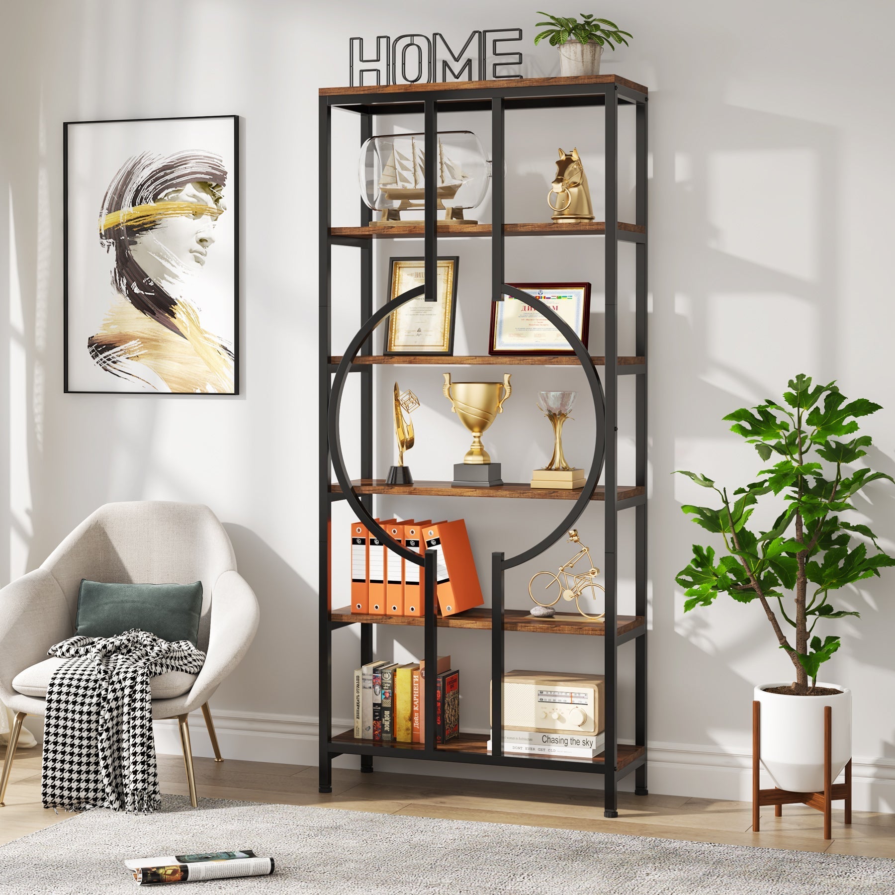 70.9" 6-Tier Bookshelf, Industrial Bookcase Display Shelf
