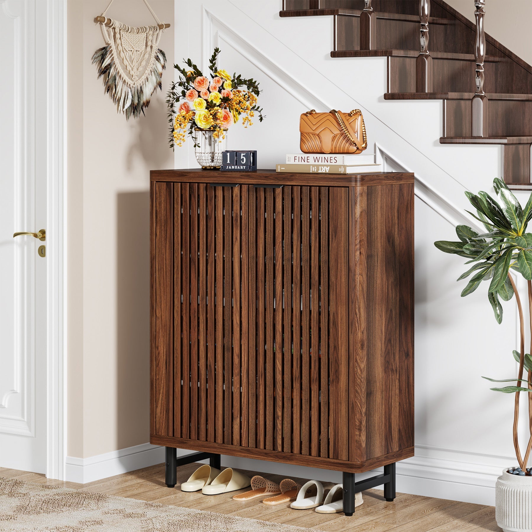 6-Tier Wooden Shoe Cabinet with Louvered Doors & Adjustable Shelves