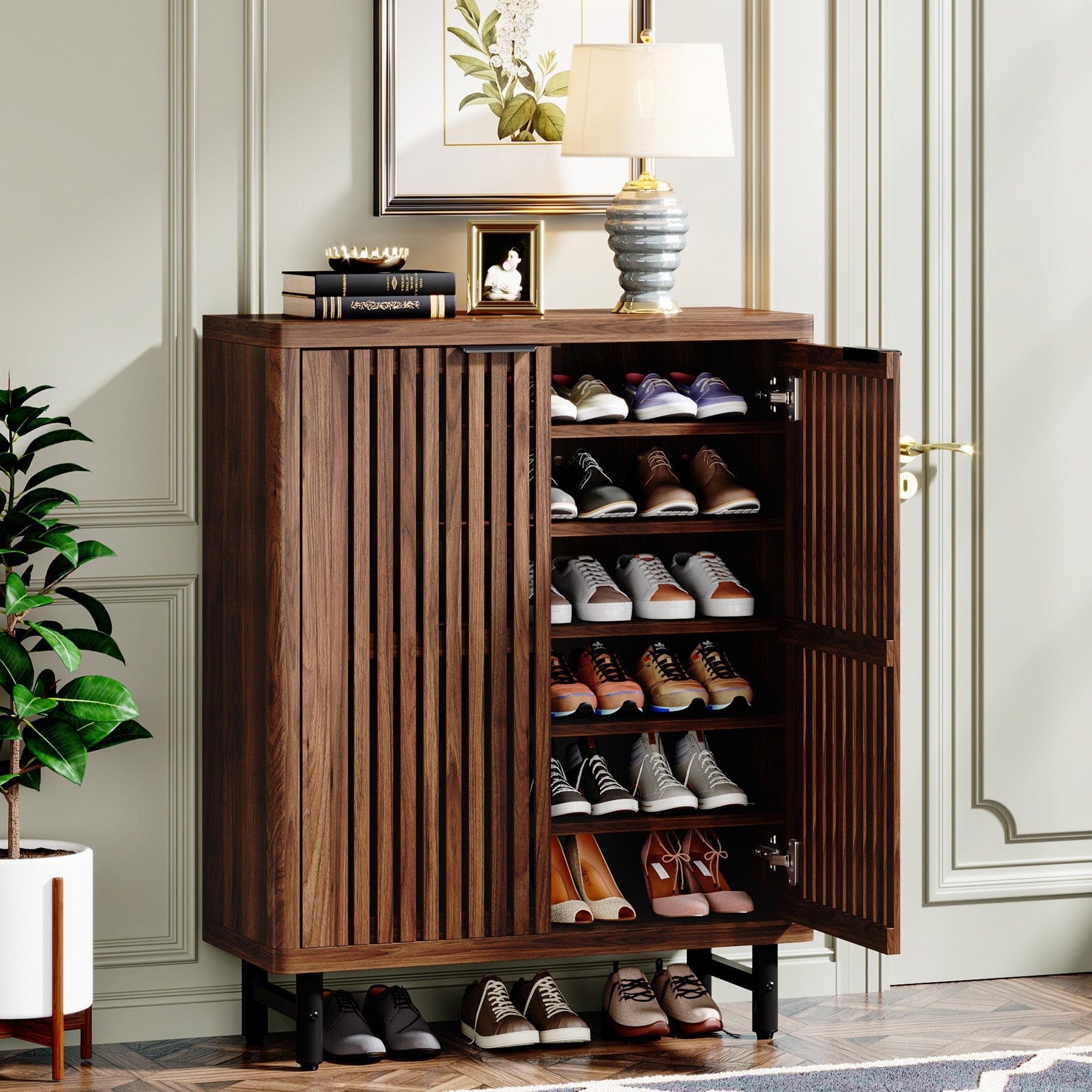 6-Tier Wooden Shoe Cabinet with Louvered Doors & Adjustable Shelves