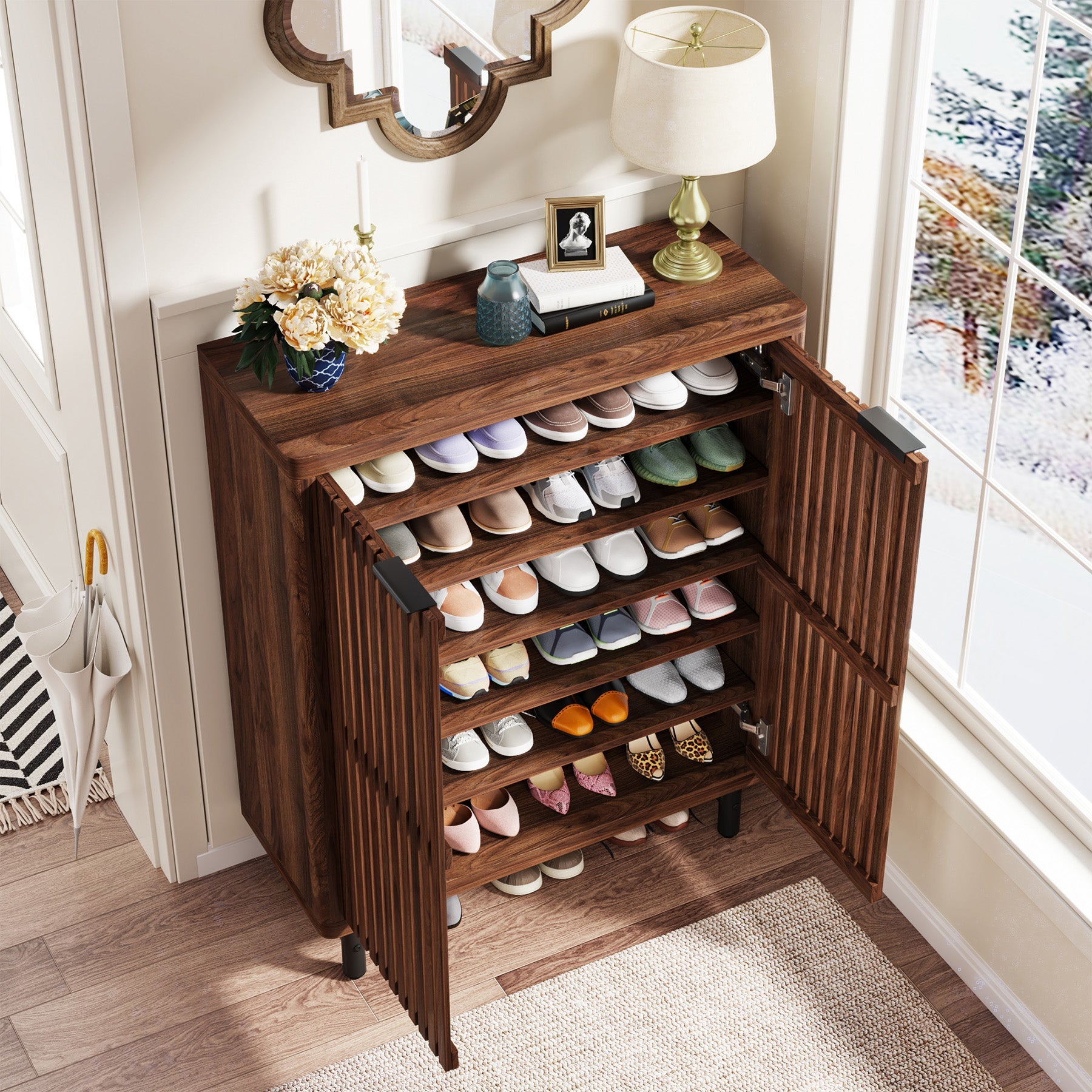 6-Tier Wooden Shoe Cabinet with Louvered Doors & Adjustable Shelves