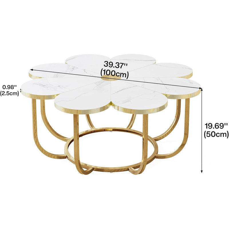 39.37" Floral Design Coffee Table, Faux Marble Top Modern Center Table for Living Room