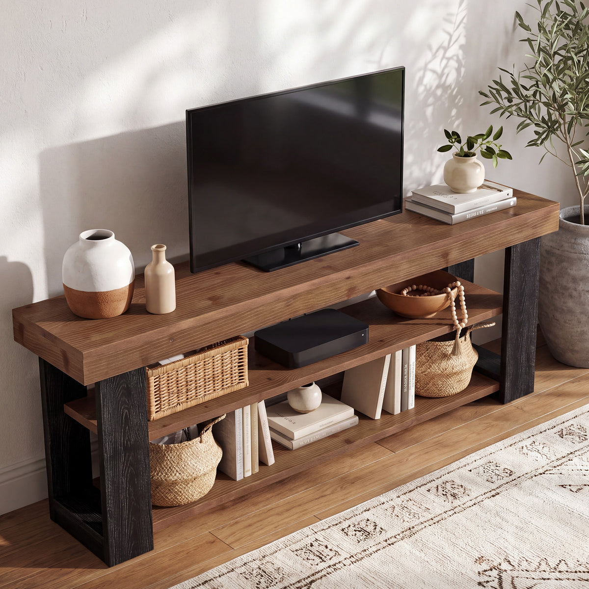 160cm TV Stand, Farmhouse Solid Wood Media Console for 65-70" TVs