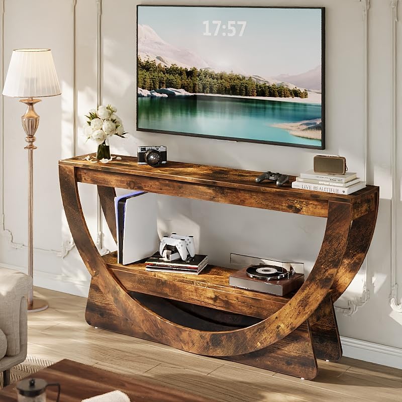 63" Farmhouse TV Stand with Arched Shelf, Dark Brown Media Console for TVs Up to 75"