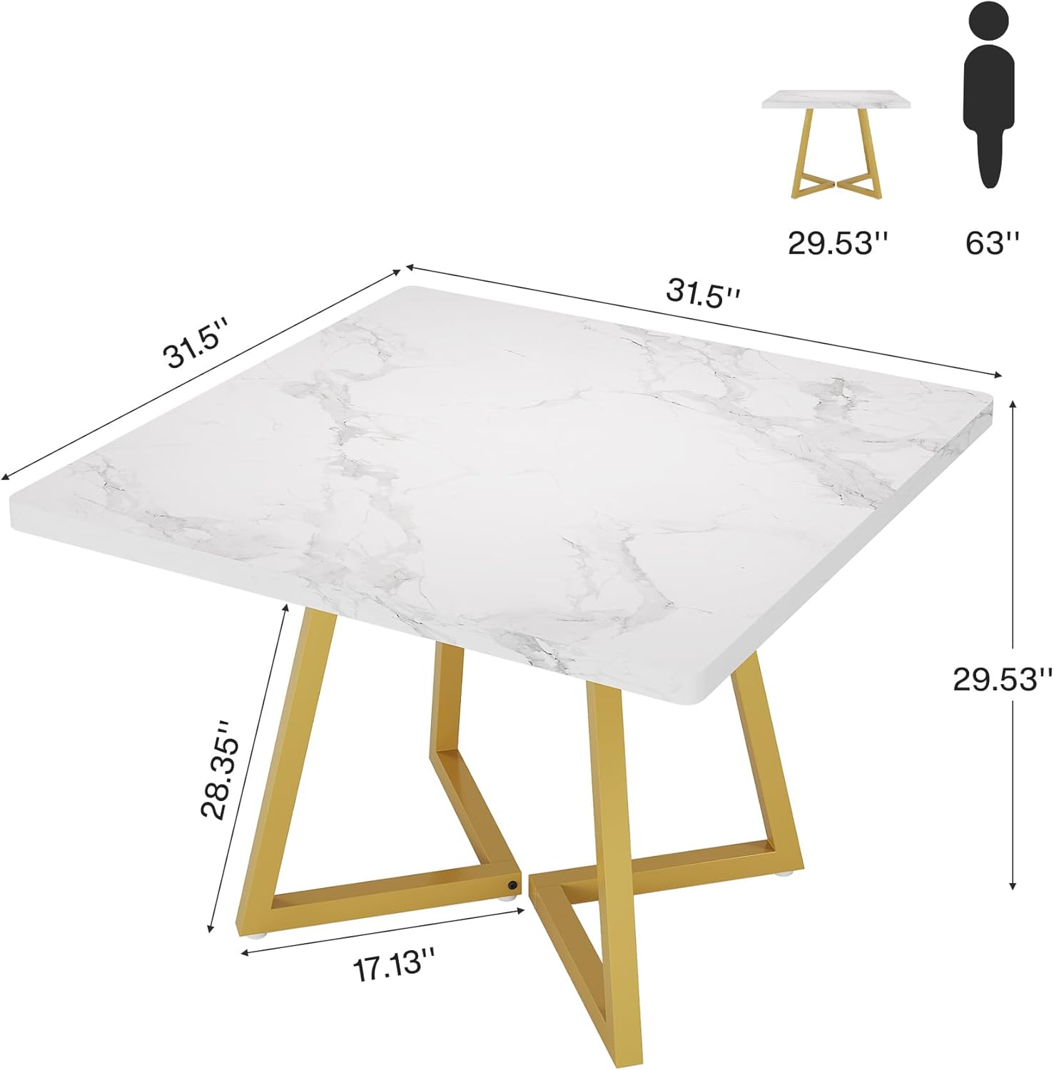31.5" Square Dining Table, Wood Kitchen Table with Metal Legs for 4