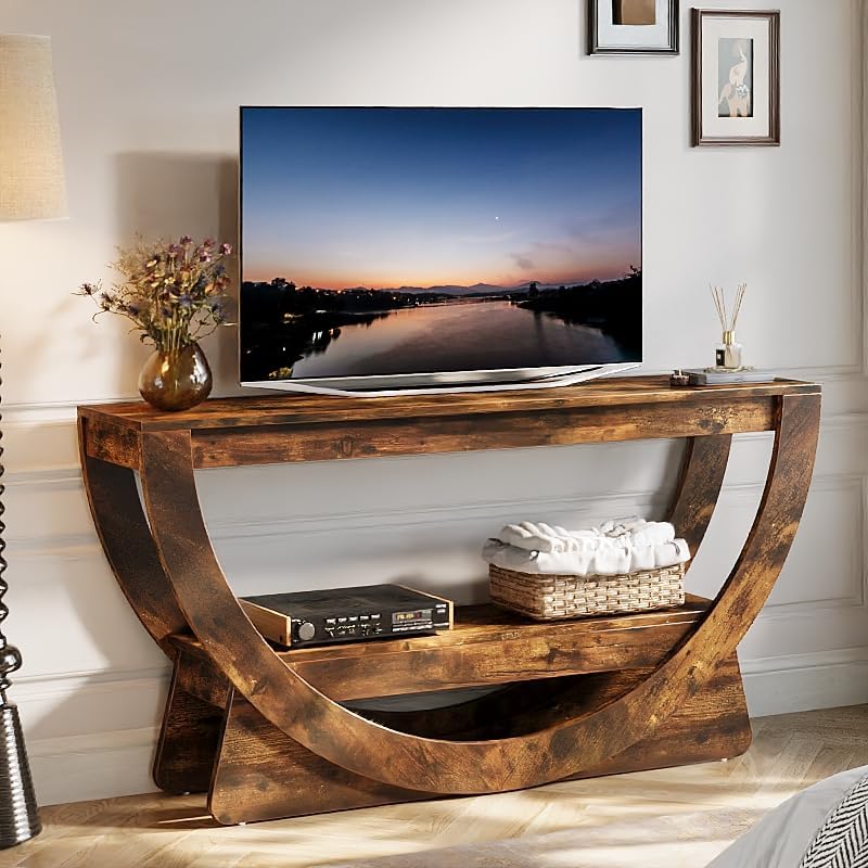 63" Farmhouse TV Stand with Arched Shelf, Dark Brown Media Console for TVs Up to 75"