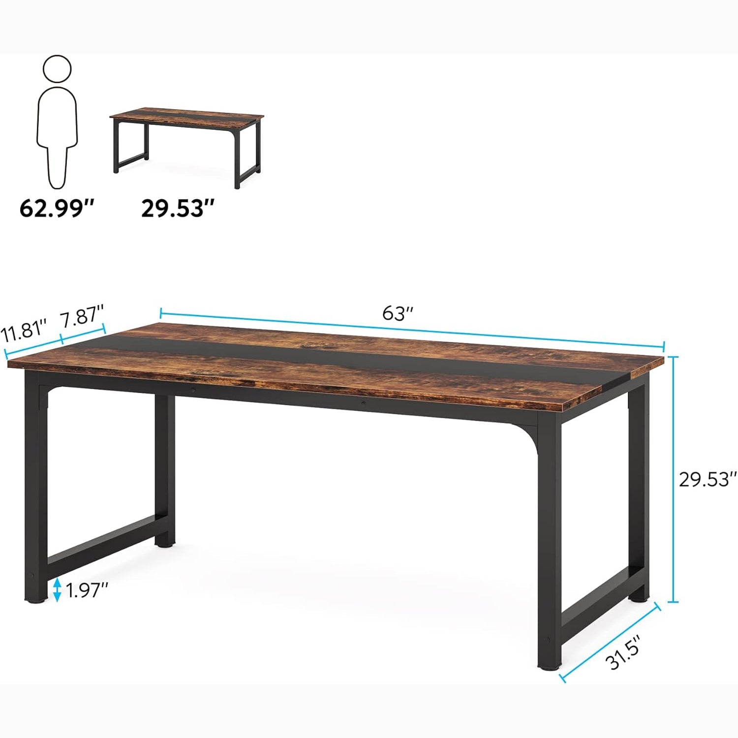 63" Large Office Desk, Industrial Writing Workstation