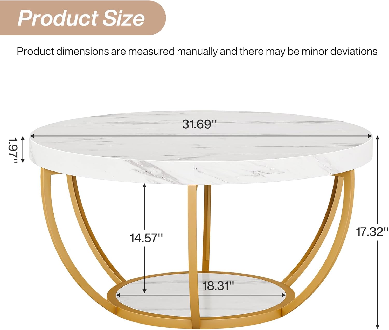 31.69" Round Wooden Coffee Table, 2-Tier Central Cocktail Table with Shelves