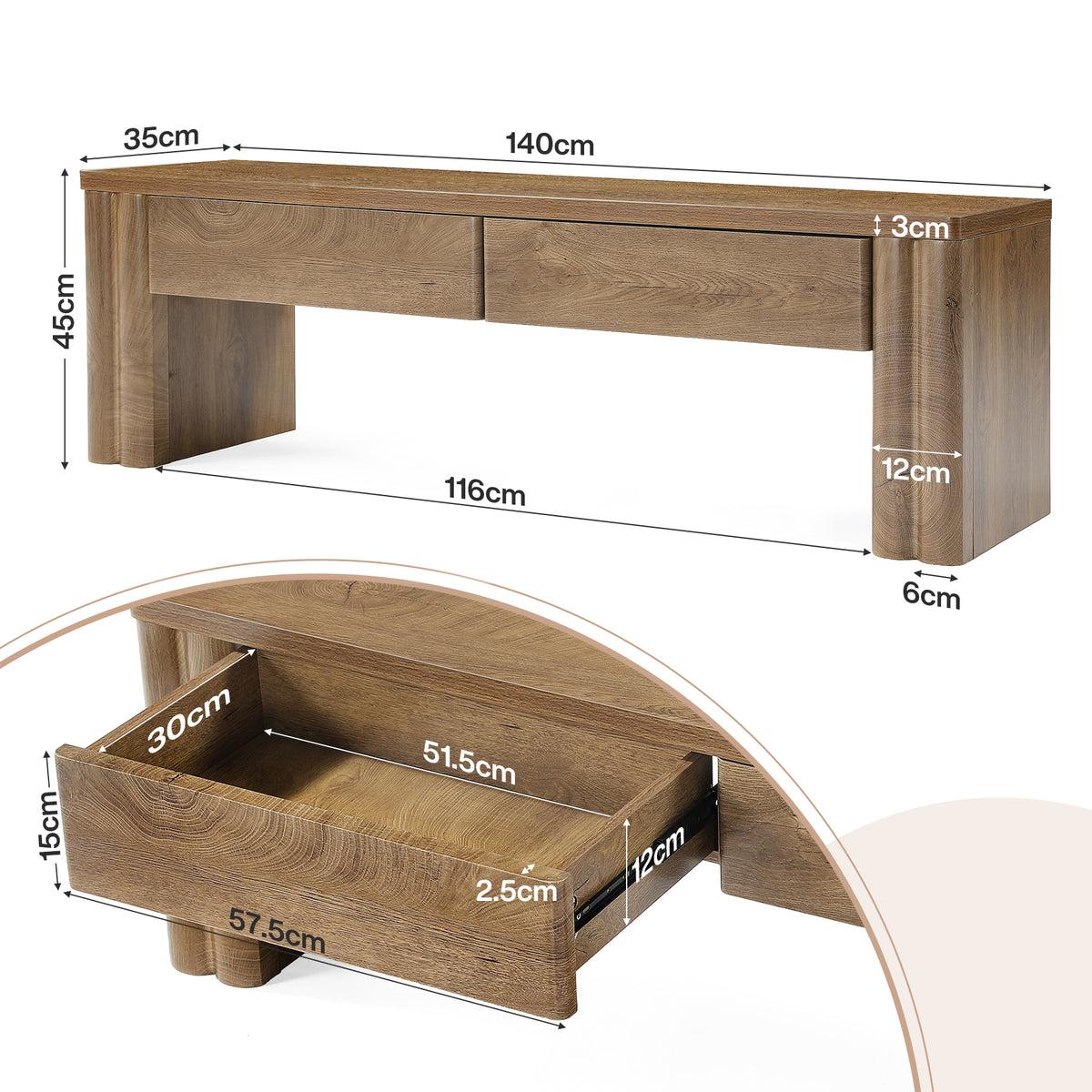 140cm Entryway Bench, 2-Drawer Modern End of Bed Bench with Thick Legs