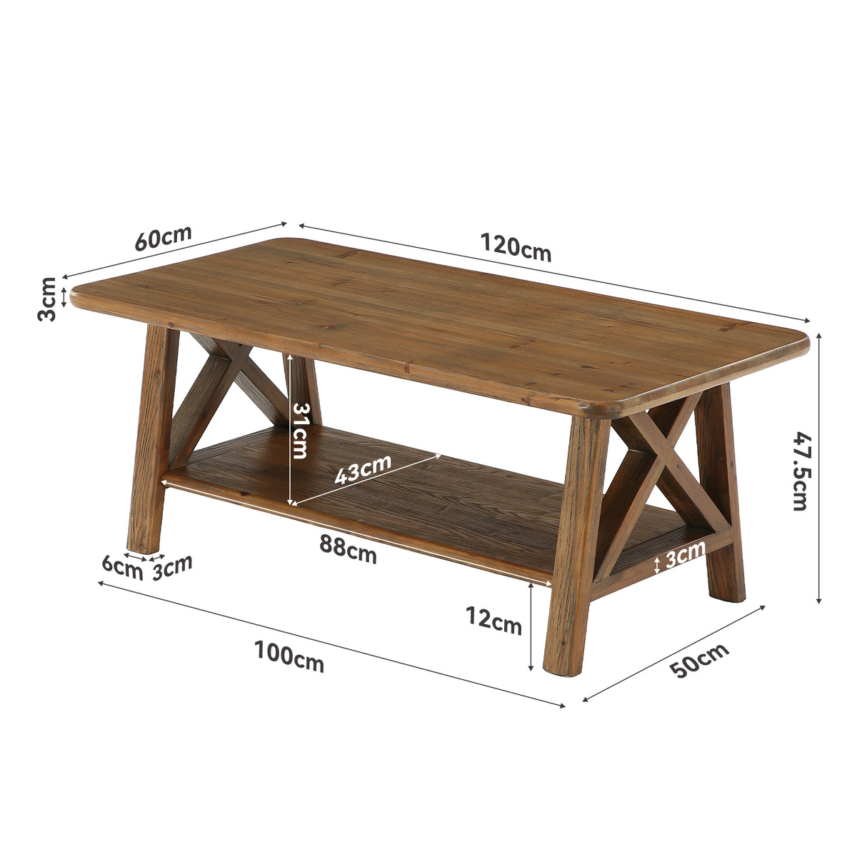 120cm Rectangular Coffee Table, Country Solid Wood with Storage Shelf for Living Room