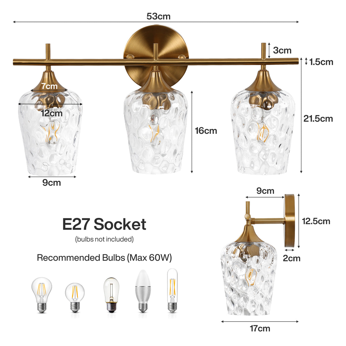3-Light Gold Bathroom Vanity Light, Textured Glass Wall Sconce