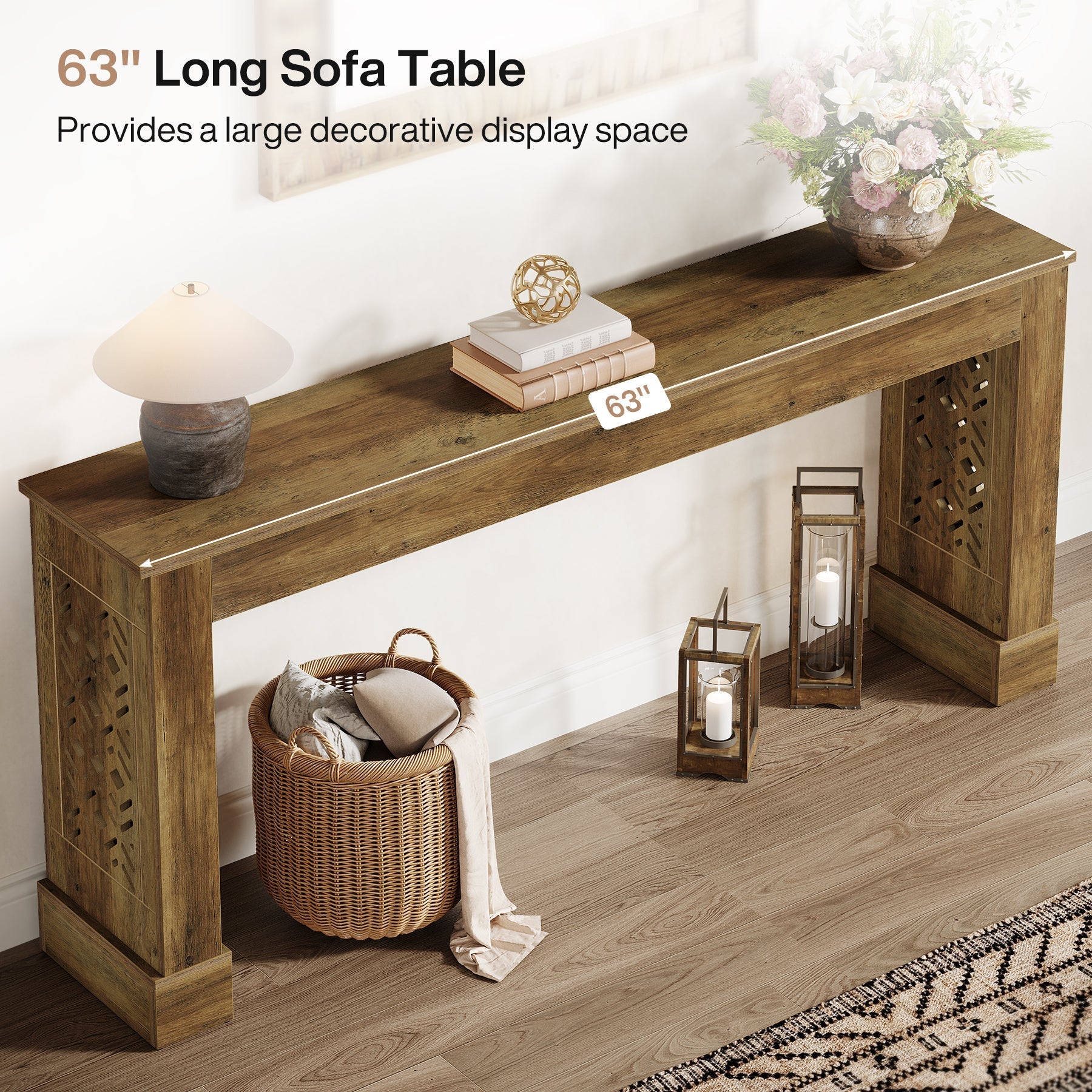 63" Console Table, Wood Sofa Table Entryway Table with Hollow Pattern Legs Tribesigns