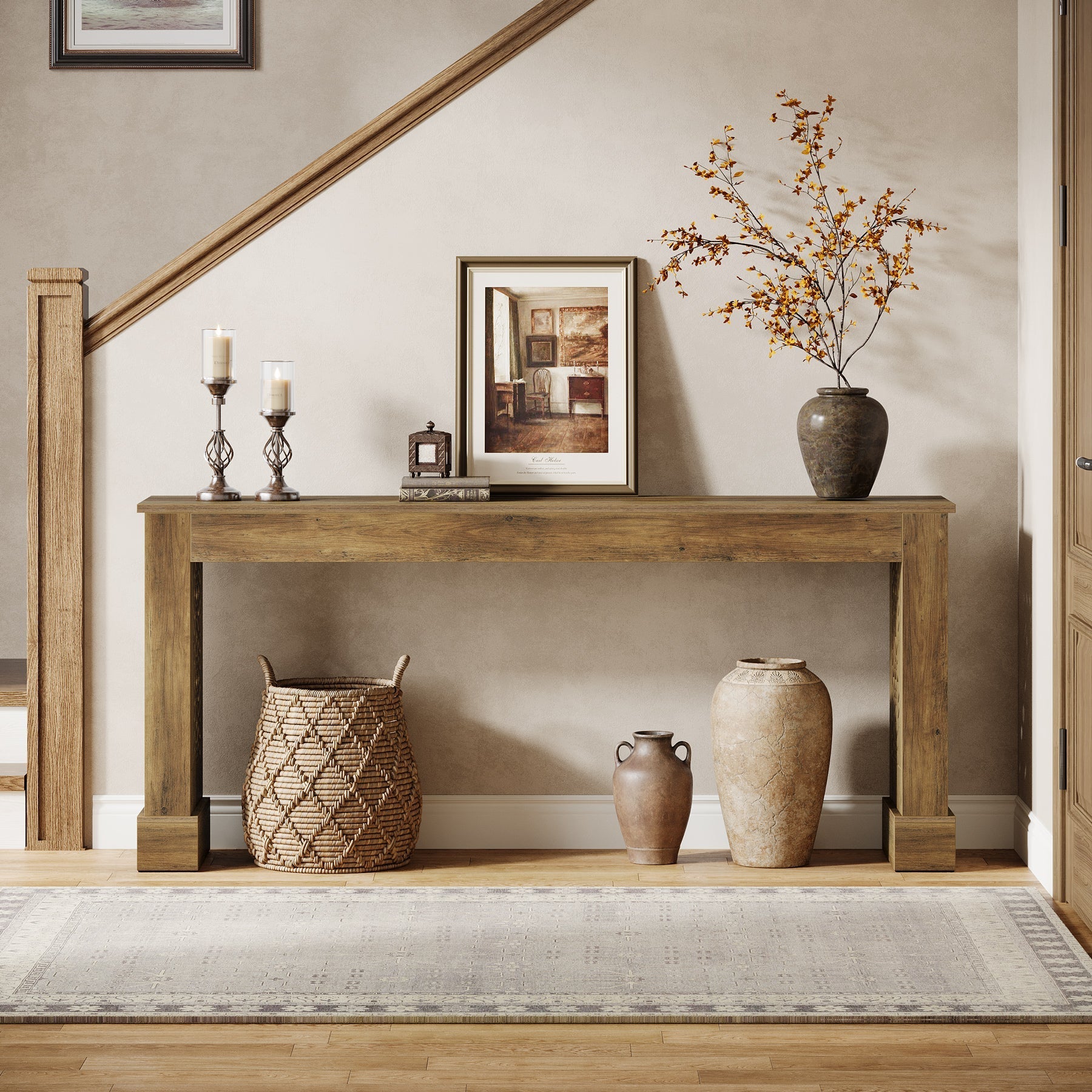 63" Console Table, Wood Sofa Table Entryway Table with Hollow Pattern Legs Tribesigns