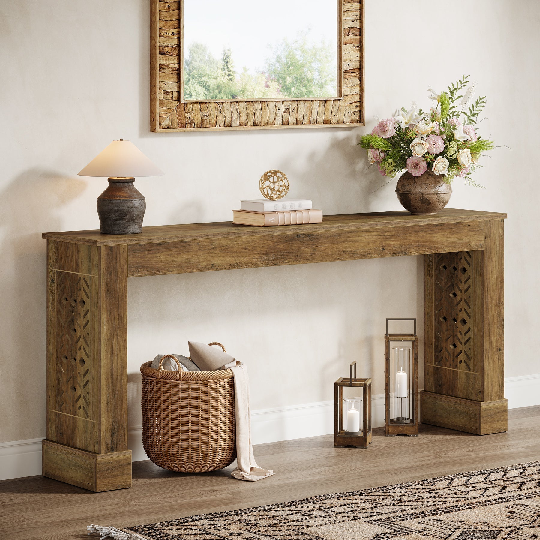63" Console Table, Wood Sofa Table Entryway Table with Hollow Pattern Legs Tribesigns
