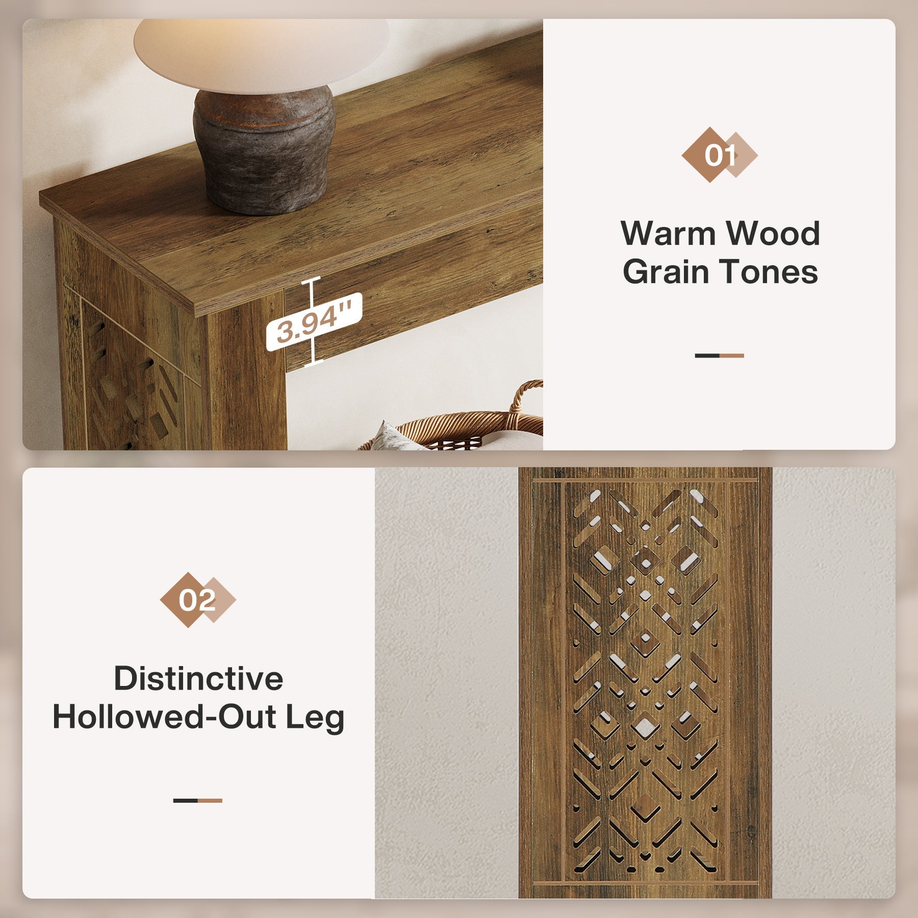 63" Console Table, Wood Sofa Table Entryway Table with Hollow Pattern Legs Tribesigns