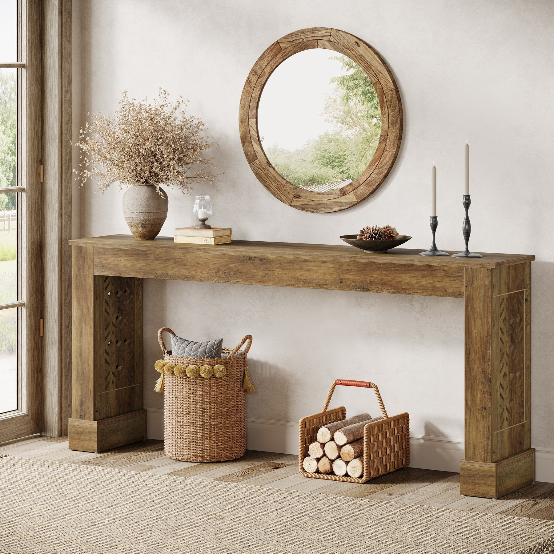63" Console Table, Wood Sofa Table Entryway Table with Hollow Pattern Legs Tribesigns