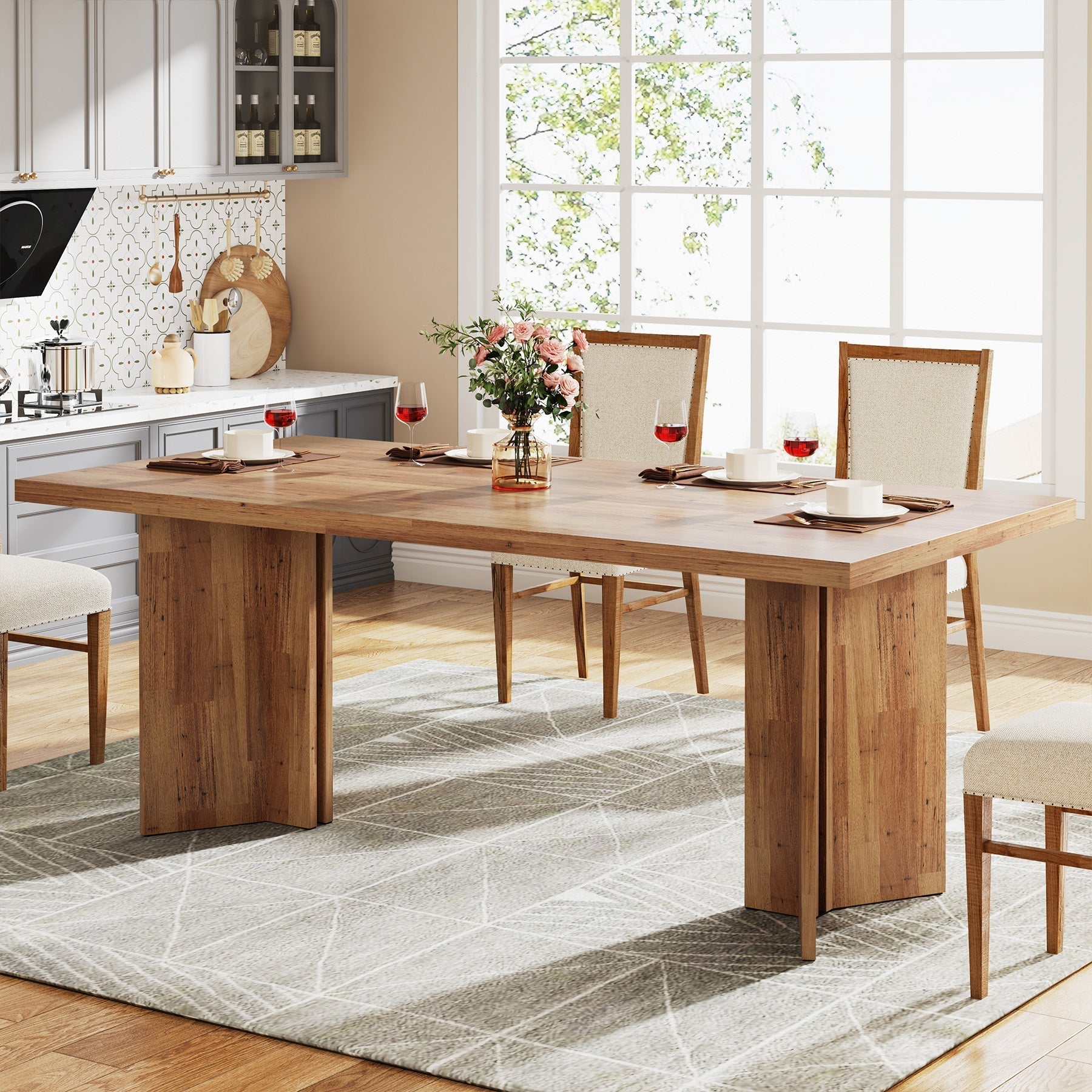 63" Farmhouse Dining Table, Kitchen Table with Large Tabletop for 4-6