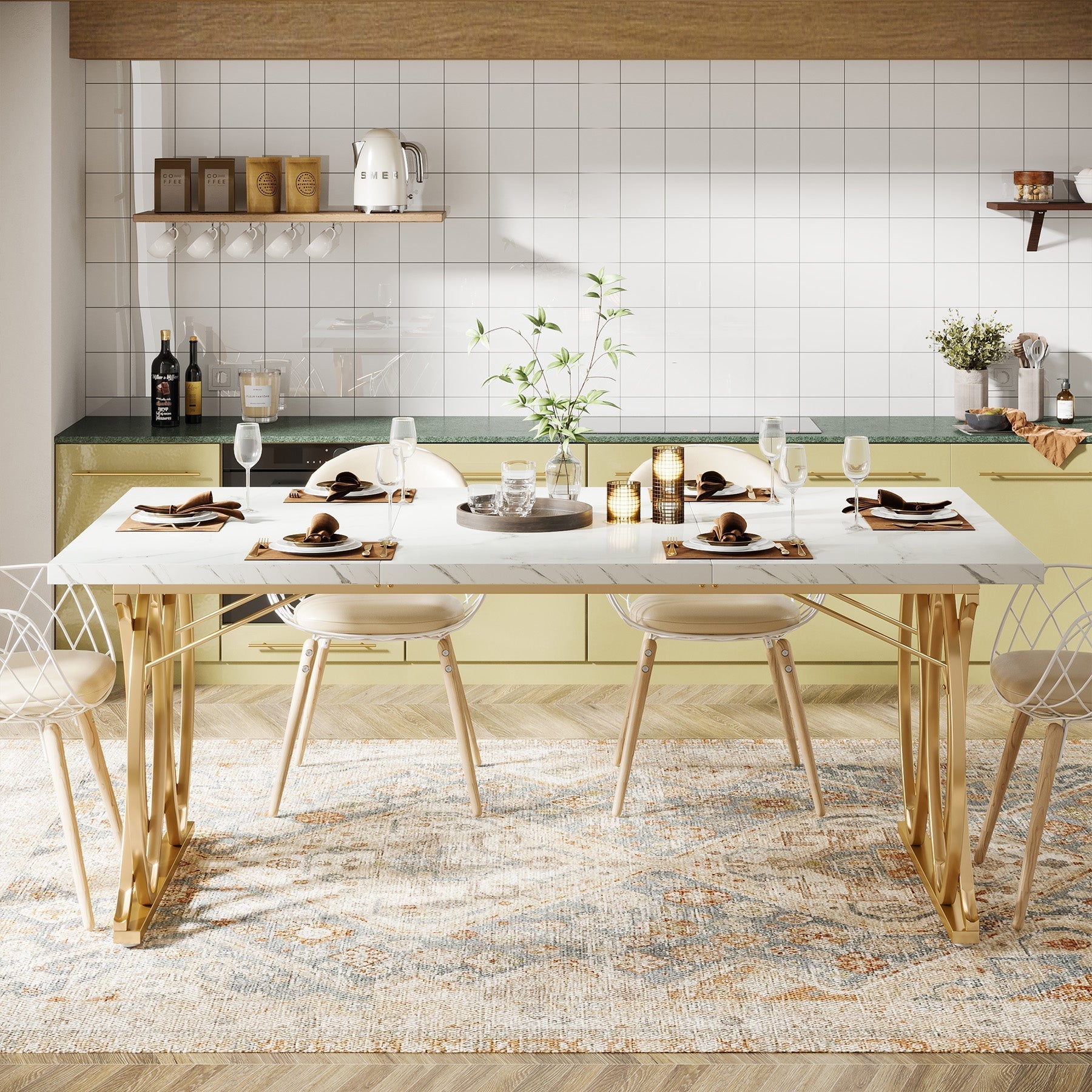 Tribesigns 63-inch Modern Dining Table, White Marble Top with Gold Geometric Legs