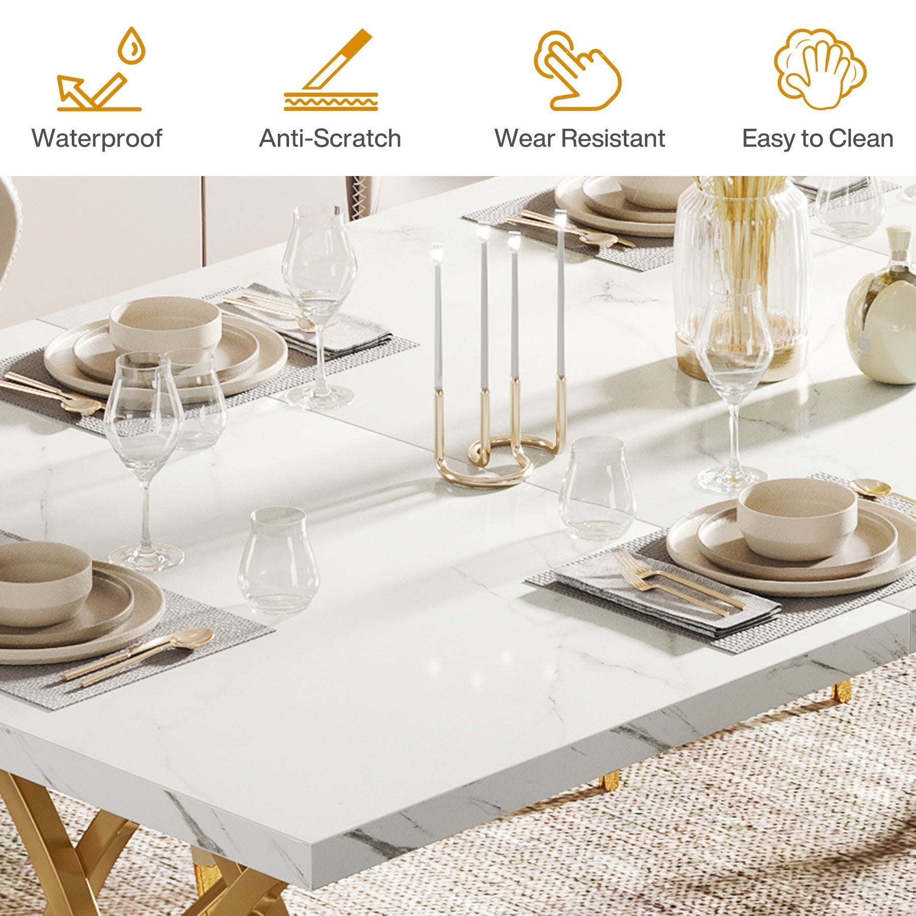 Tribesigns 63-inch Modern Dining Table, White Marble Top with Gold Geometric Legs