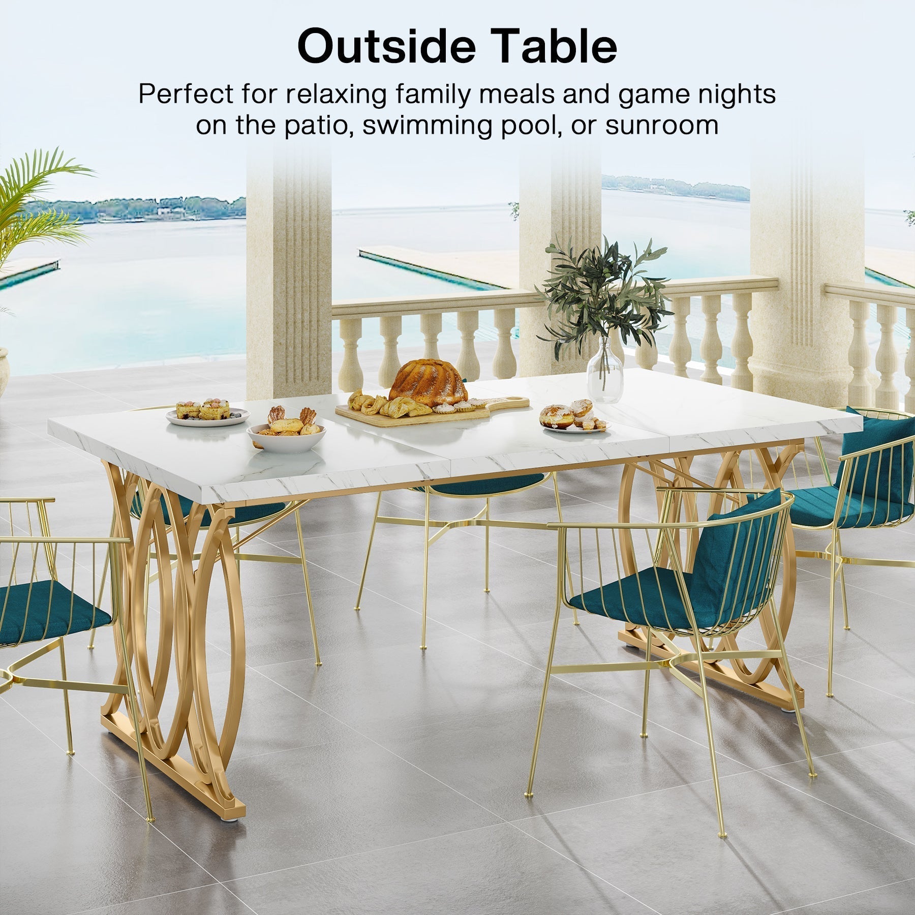 Tribesigns 63-inch Modern Dining Table, White Marble Top with Gold Geometric Legs
