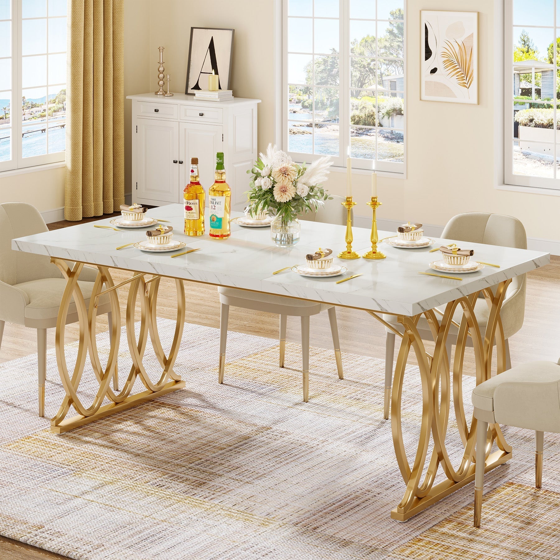 Tribesigns 63-inch Modern Dining Table, White Marble Top with Gold Geometric Legs