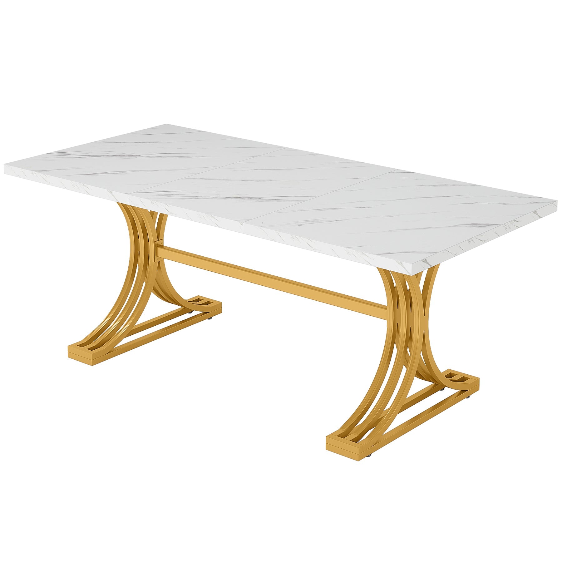 63" Faux Marble Dining Table, Sophisticated White and Gold Design with Metal Leg
