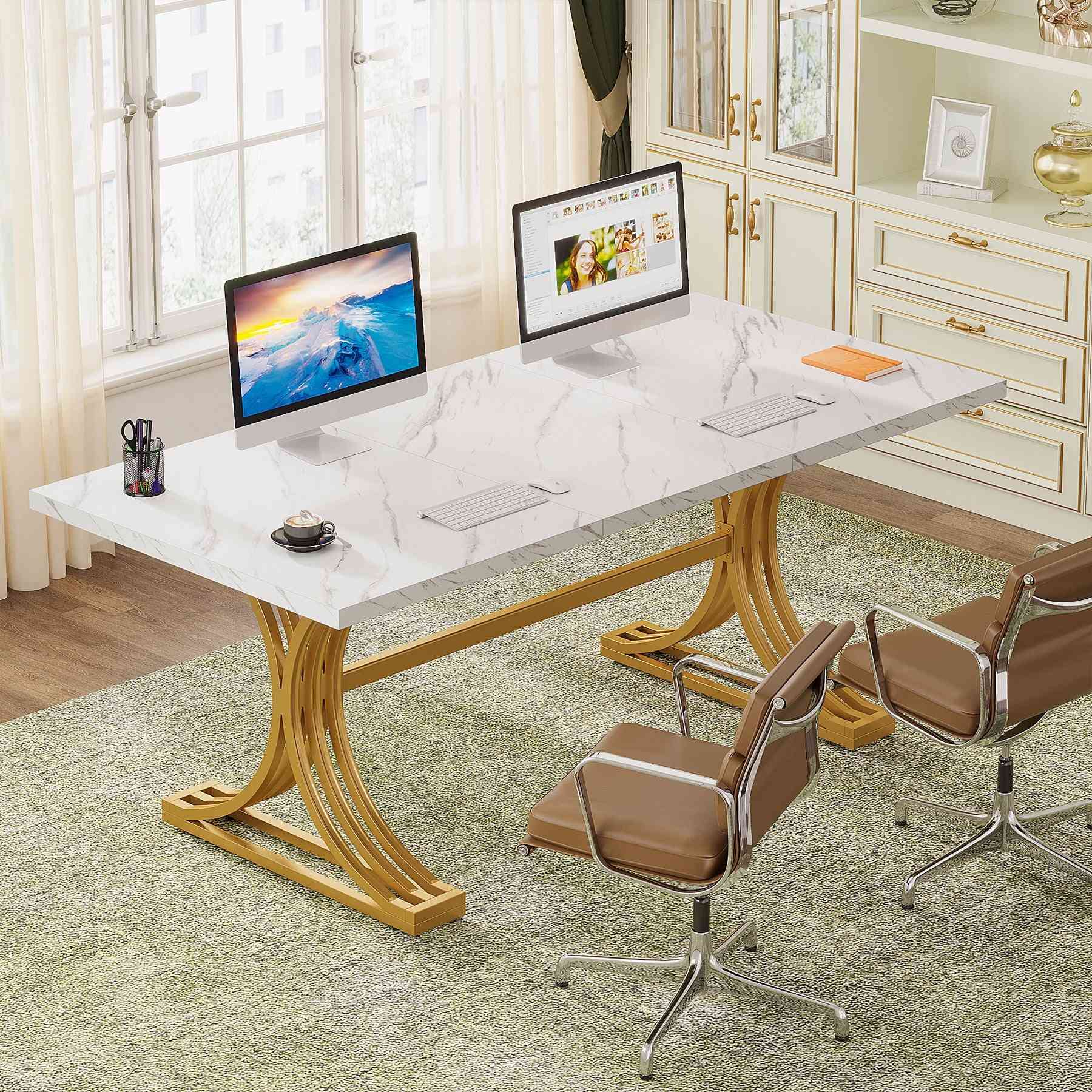 Executive Desk with 63" Modern Design and Faux Marble Tabletop