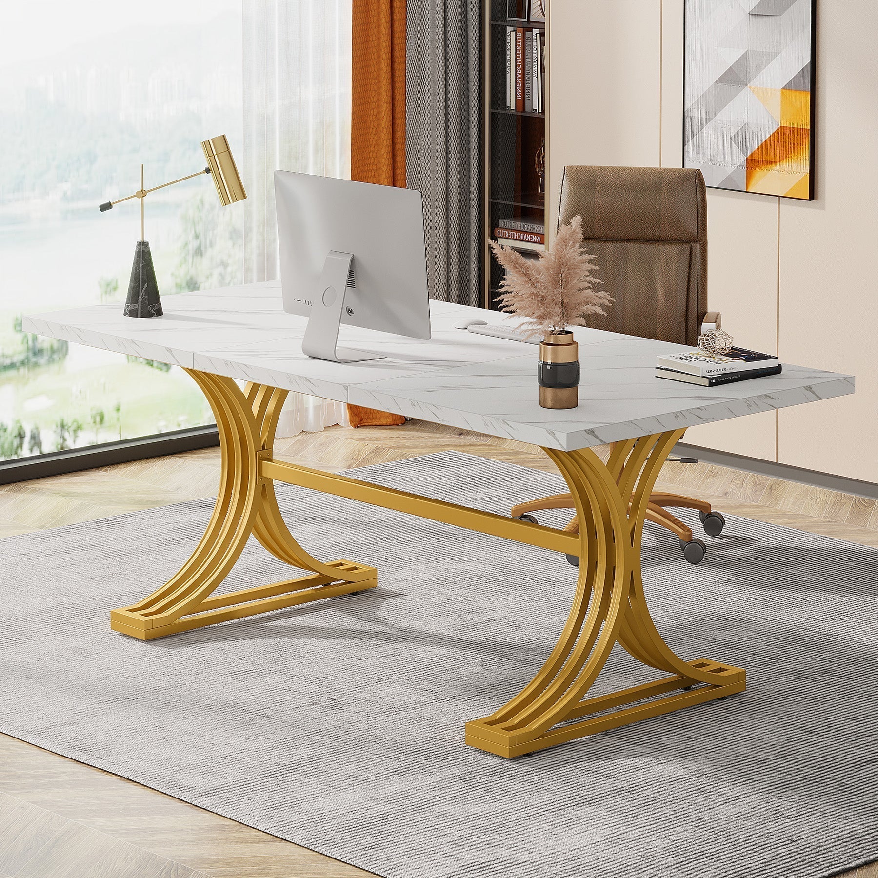 Executive Desk with 63" Modern Design and Faux Marble Tabletop