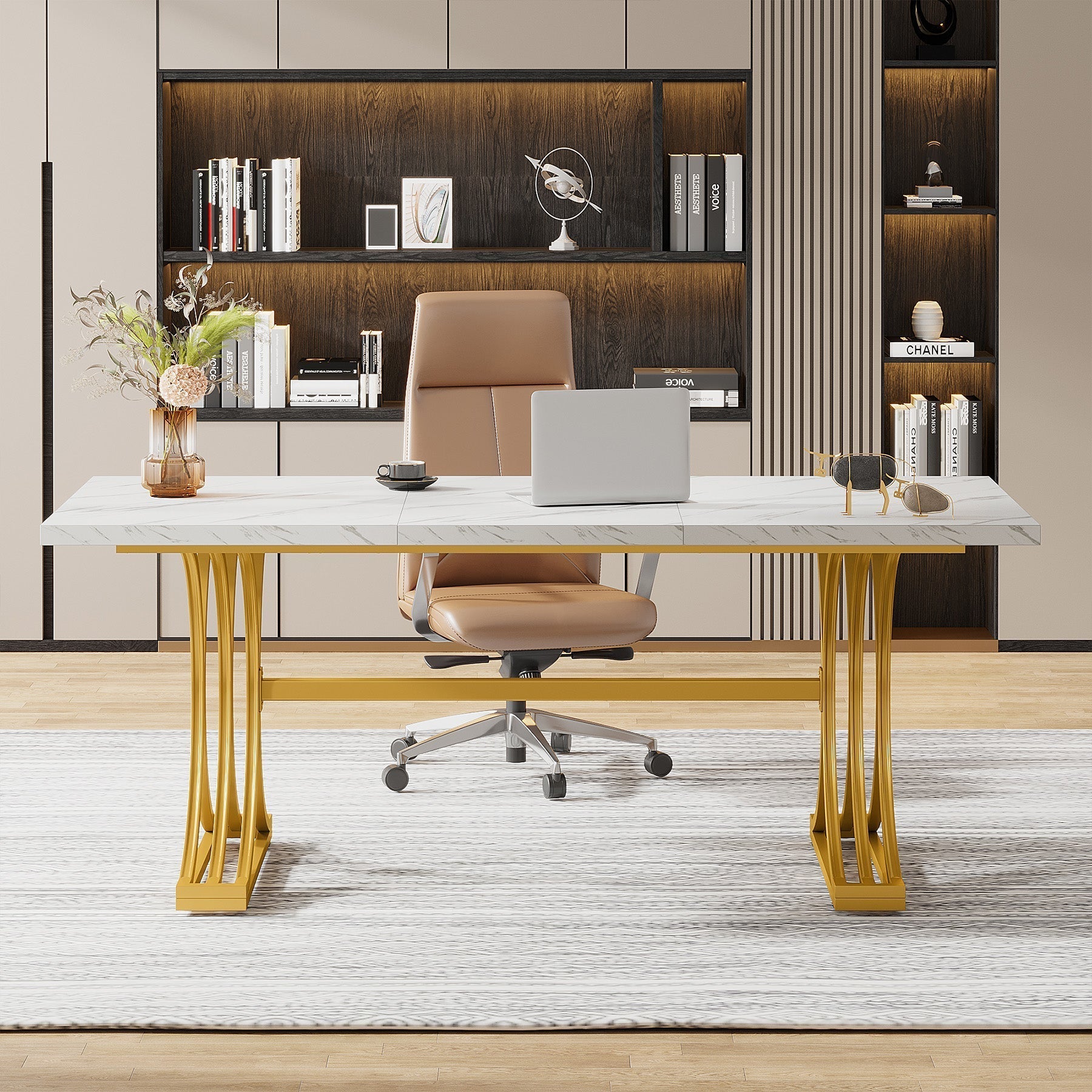 Executive Desk with 63" Modern Design and Faux Marble Tabletop