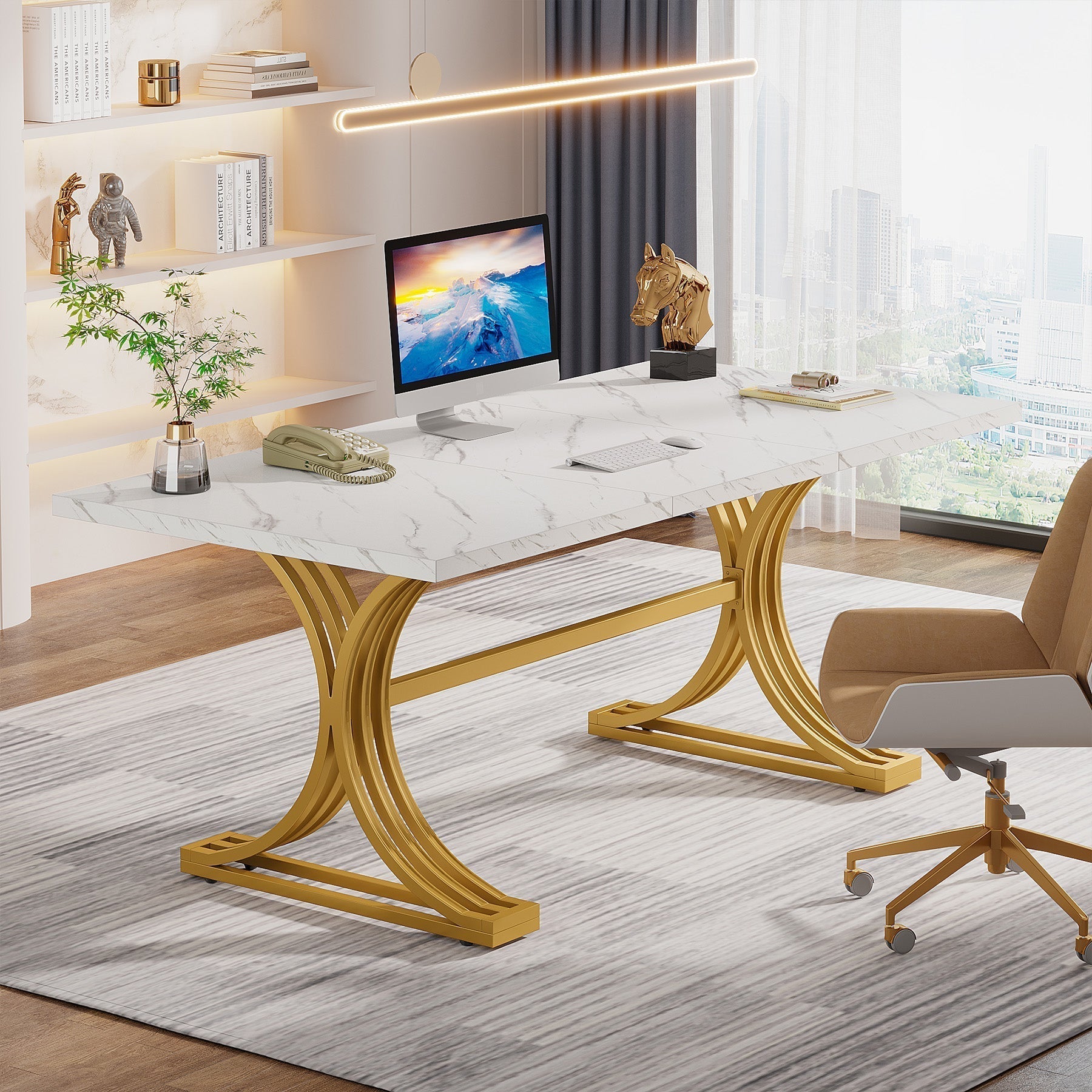 Executive Desk with 63" Modern Design and Faux Marble Tabletop