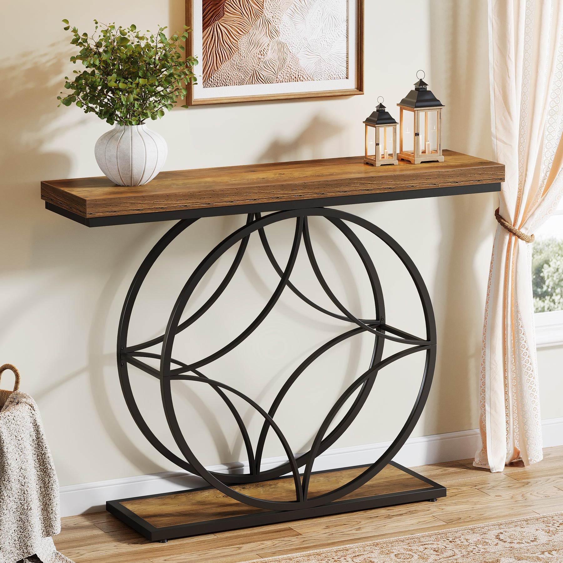 47" Console Table, Industrial 2-Tier Sofa Table with Geometric Metal Frame