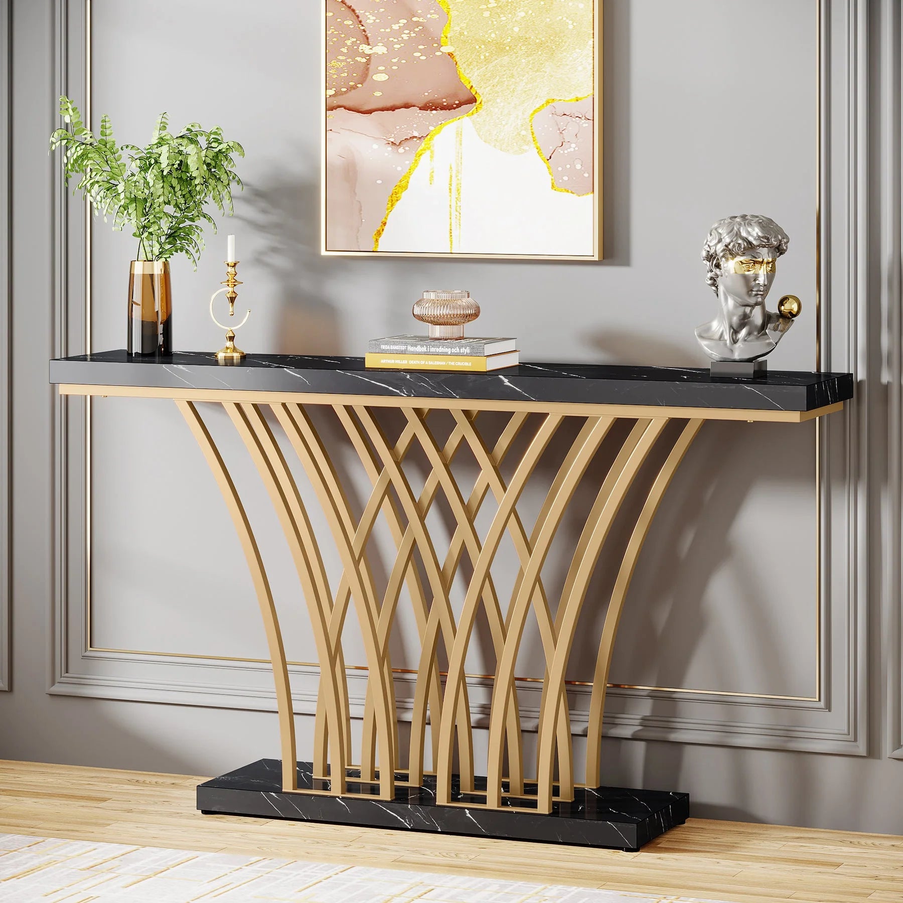 59" Gold Console Table, Modern Entryway Table with Grid-Shaped Metal Base for Entrance