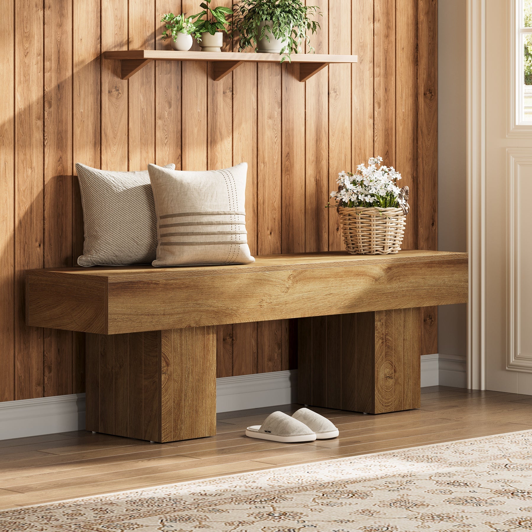 55" Wooden Entryway Bench with Broad Legs, Farmhouse Indoor Bench with 330 lb Capacity