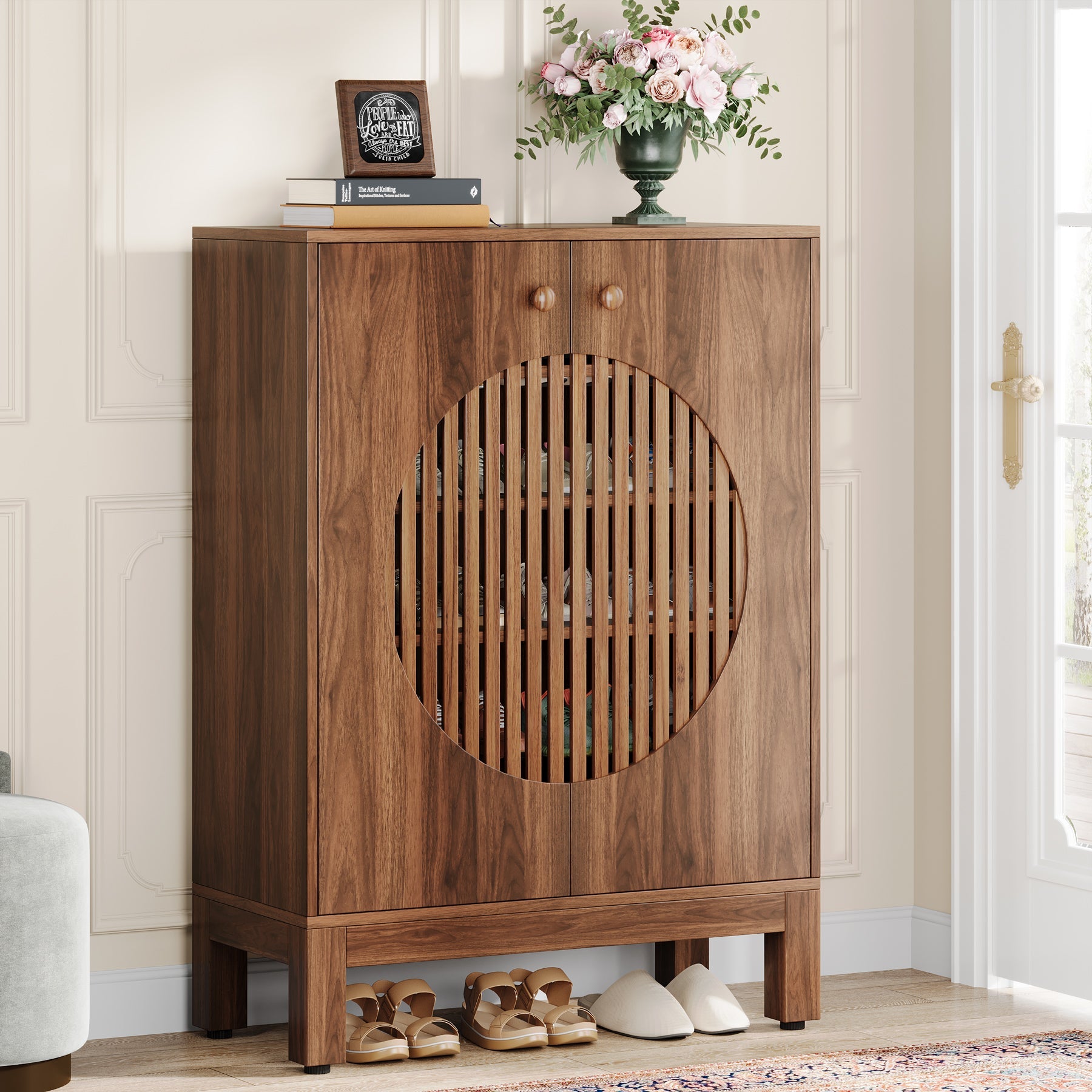 Tribesigns 5-Tier Shoe Cabinet, 20-Pair Farmhouse Shoe Storage Organizer with Round Louvered Doors for Entryway