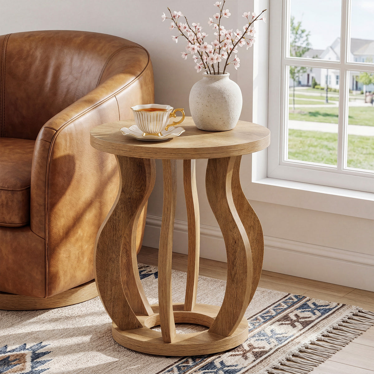 50cm Round Side Table, Curved Wooden Design for Small Spaces