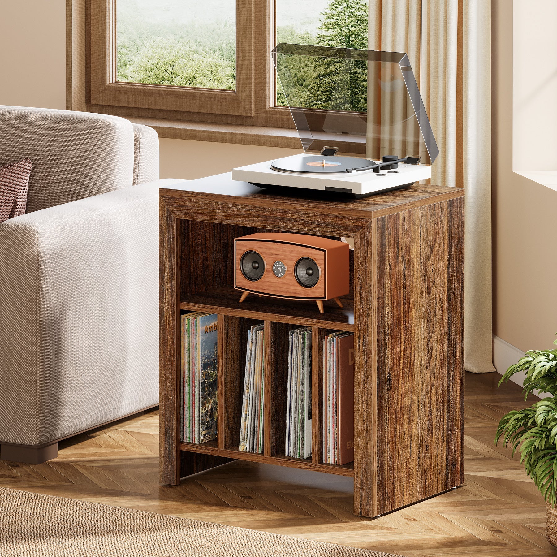 23.62" Industrial Record Player Cabinet with Wheels, Vinyl CD Media Storage Side Table