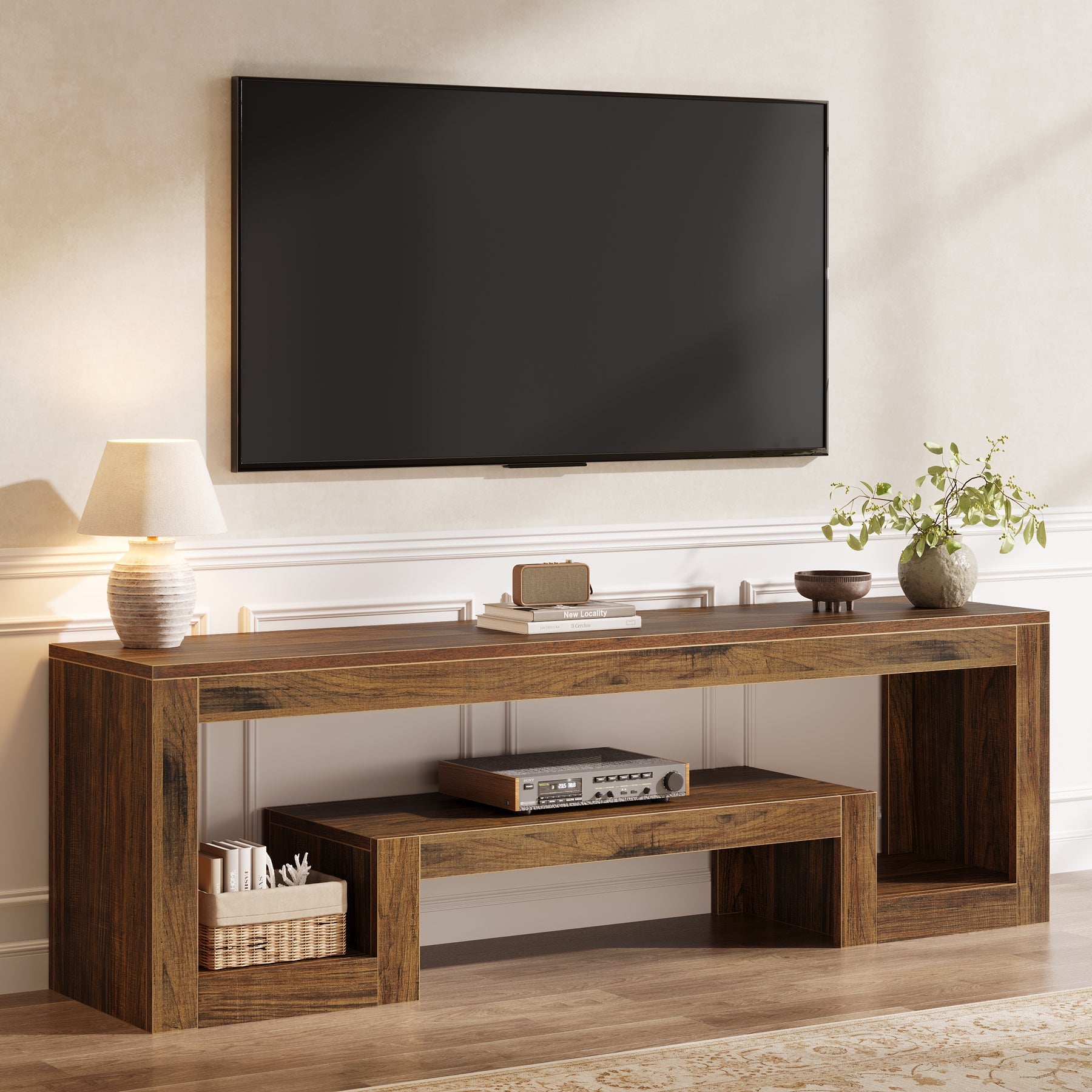 63” TV Stand, Farmhouse Entertainment Center with Open Storage Shelves for Living Room