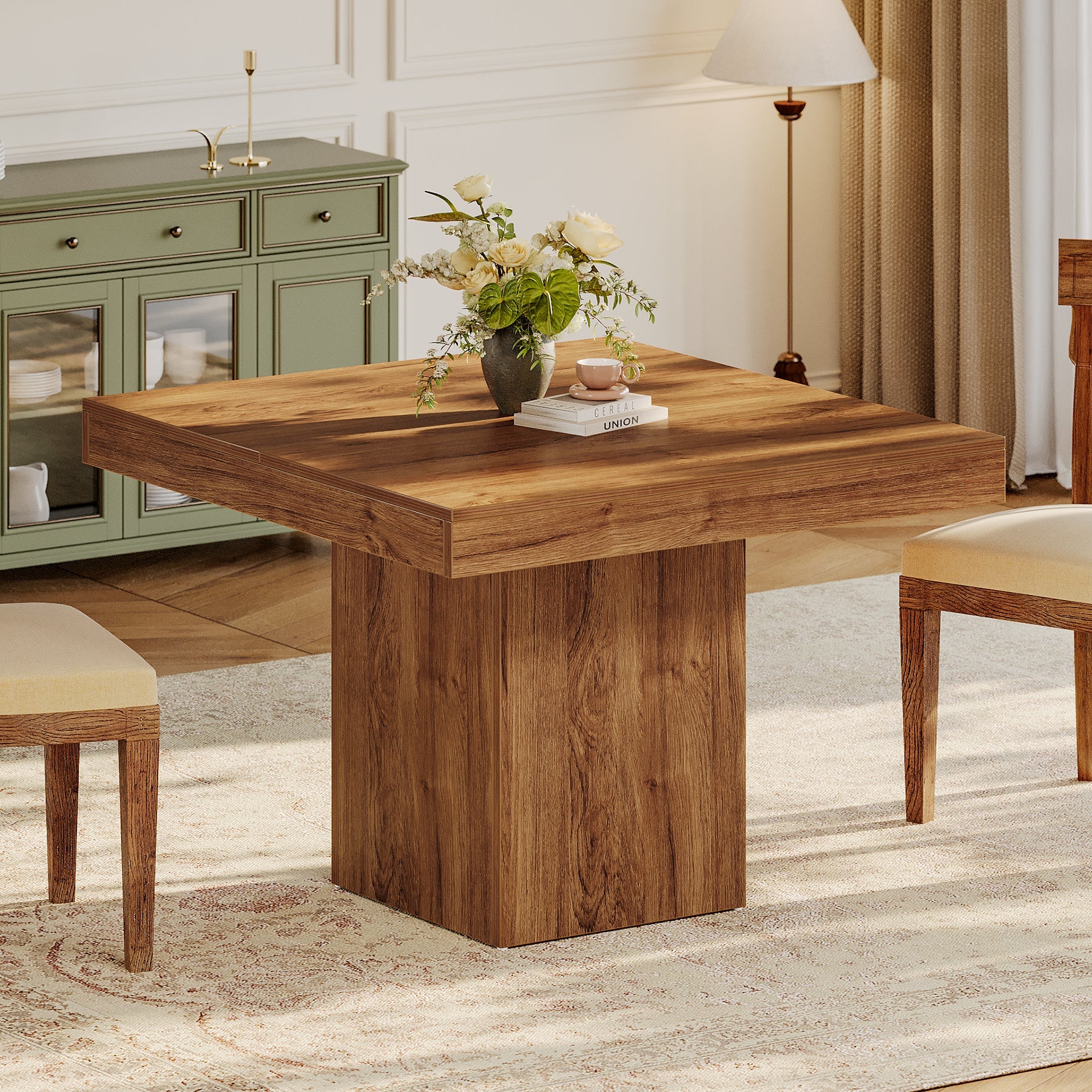 39" Square Farmhouse Dining Table, Solid Wood Kitchen Table with Pedestal Base for 4