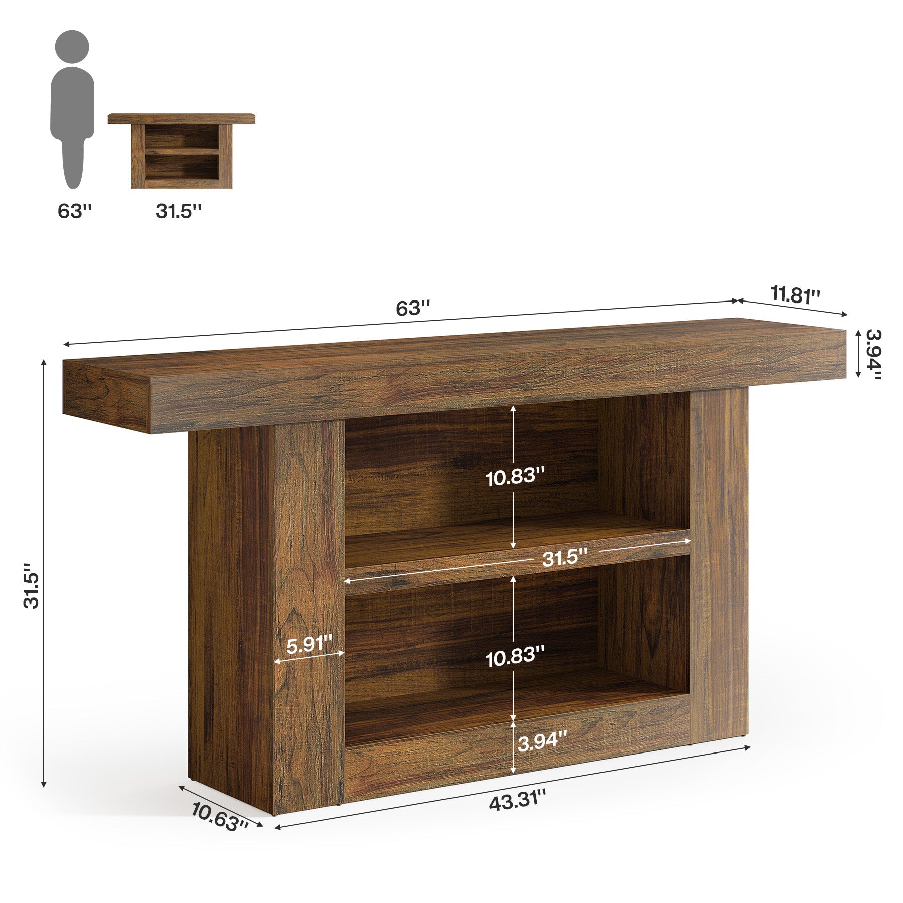 63" Console Table, 3-Tier Farmhouse Entryway Table with U-Shaped Base