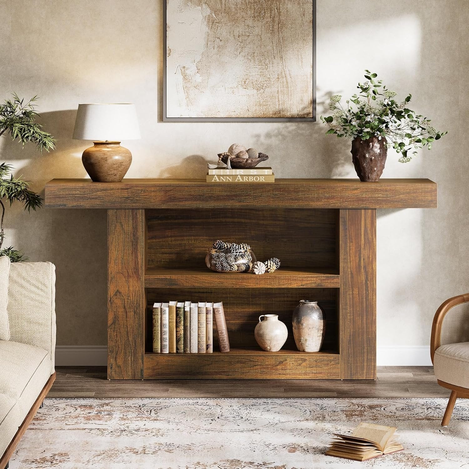 63" Console Table, 3-Tier Farmhouse Entryway Table with U-Shaped Base