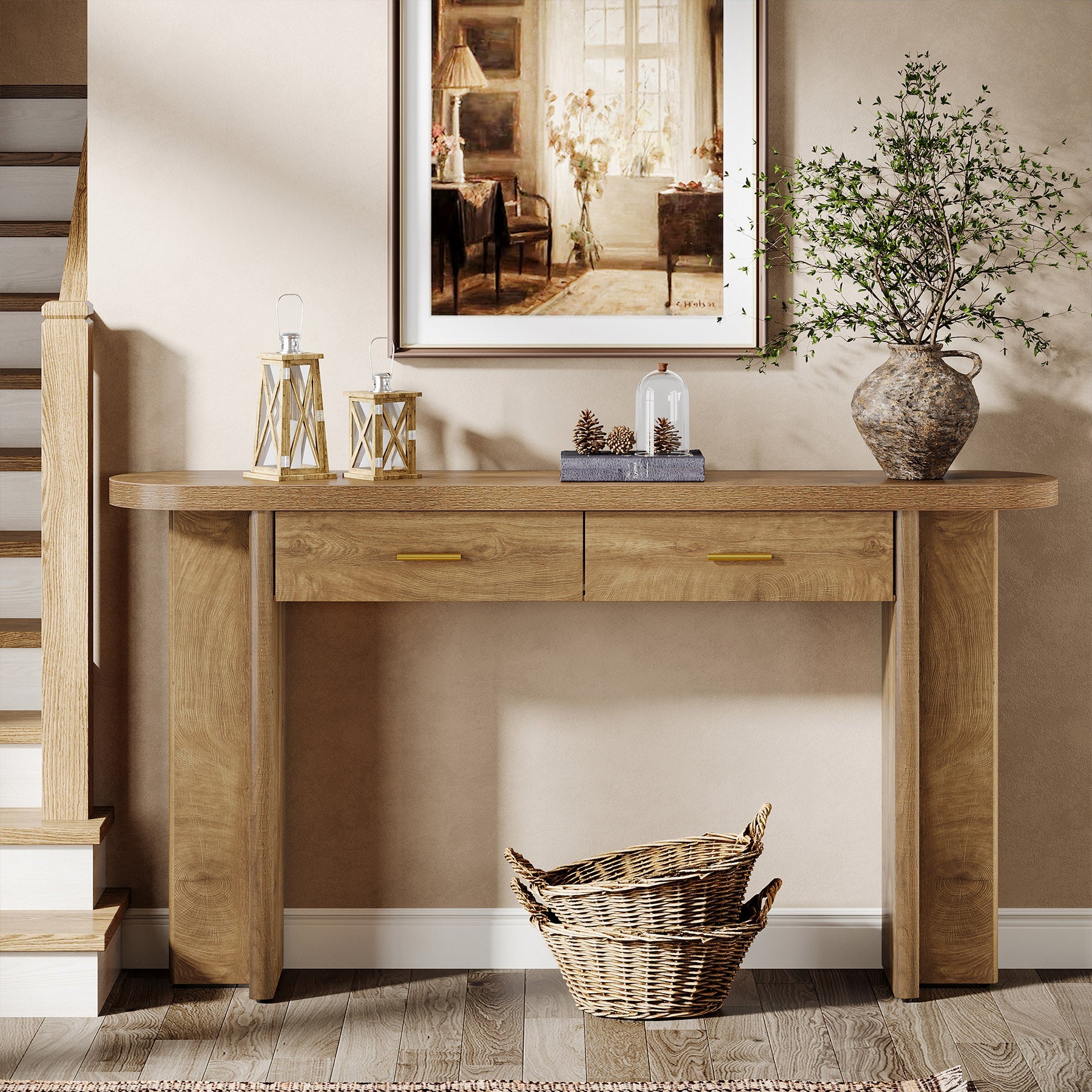 63" Console Table, Farmhouse Oval Curved Entryway Table with 2 Drawers