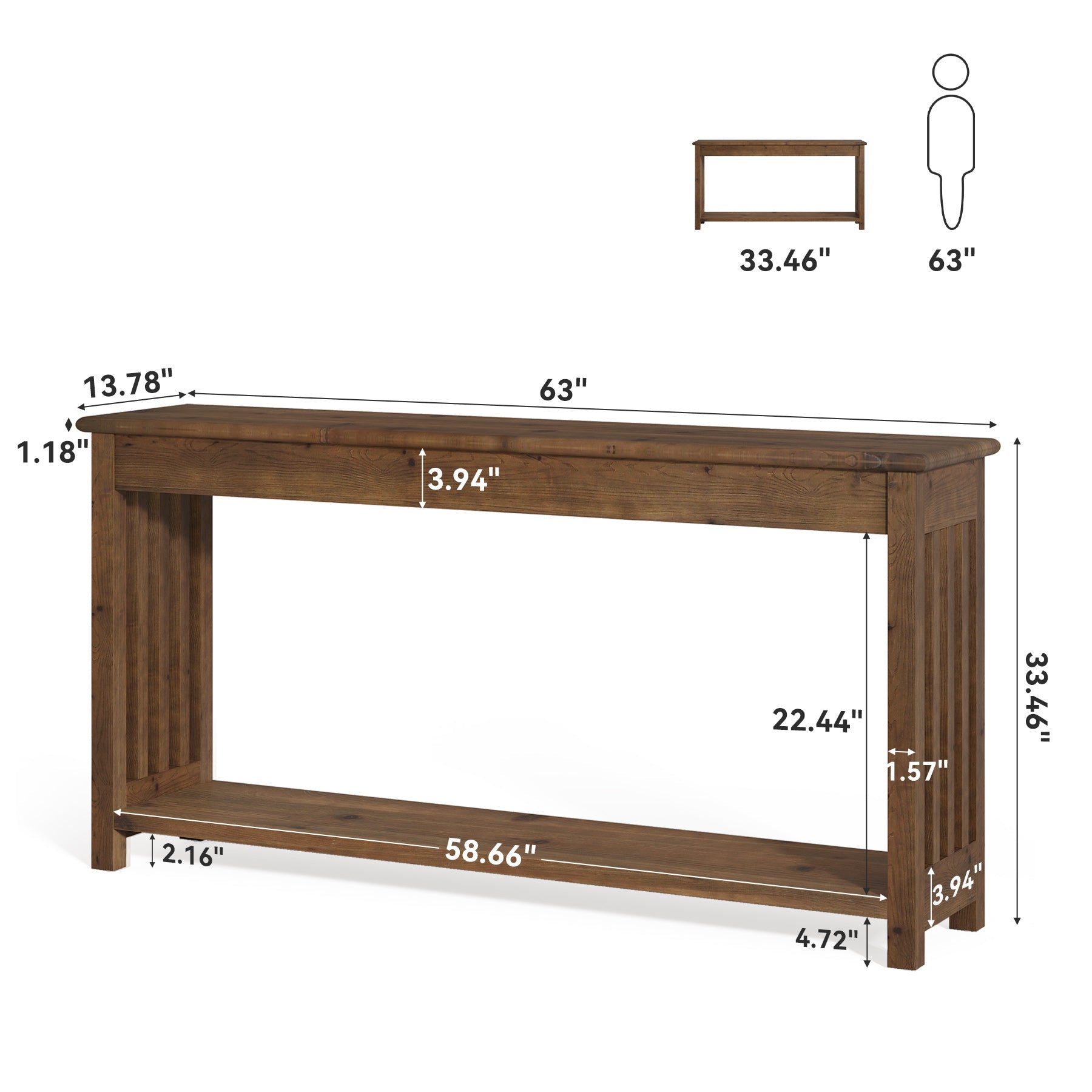 63" Console Table, Farmhouse Wood Entryway Sofa Table with 2-Tier Storage