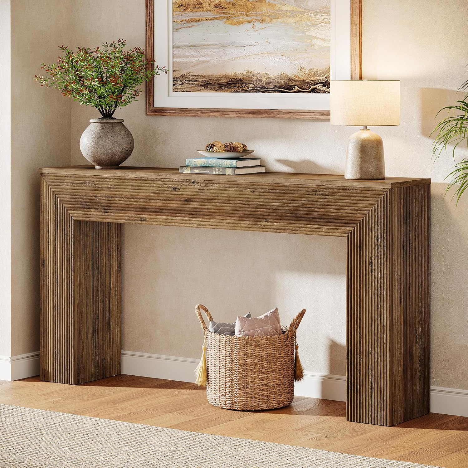 63" Fluted Console Table, Rustic Entryway Table Sofa Table Behind Couch Tribesigns