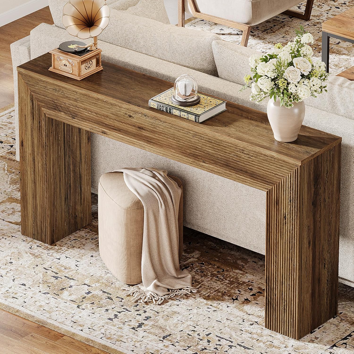 63" Fluted Console Table, Rustic Entryway Table Sofa Table Behind Couch Tribesigns