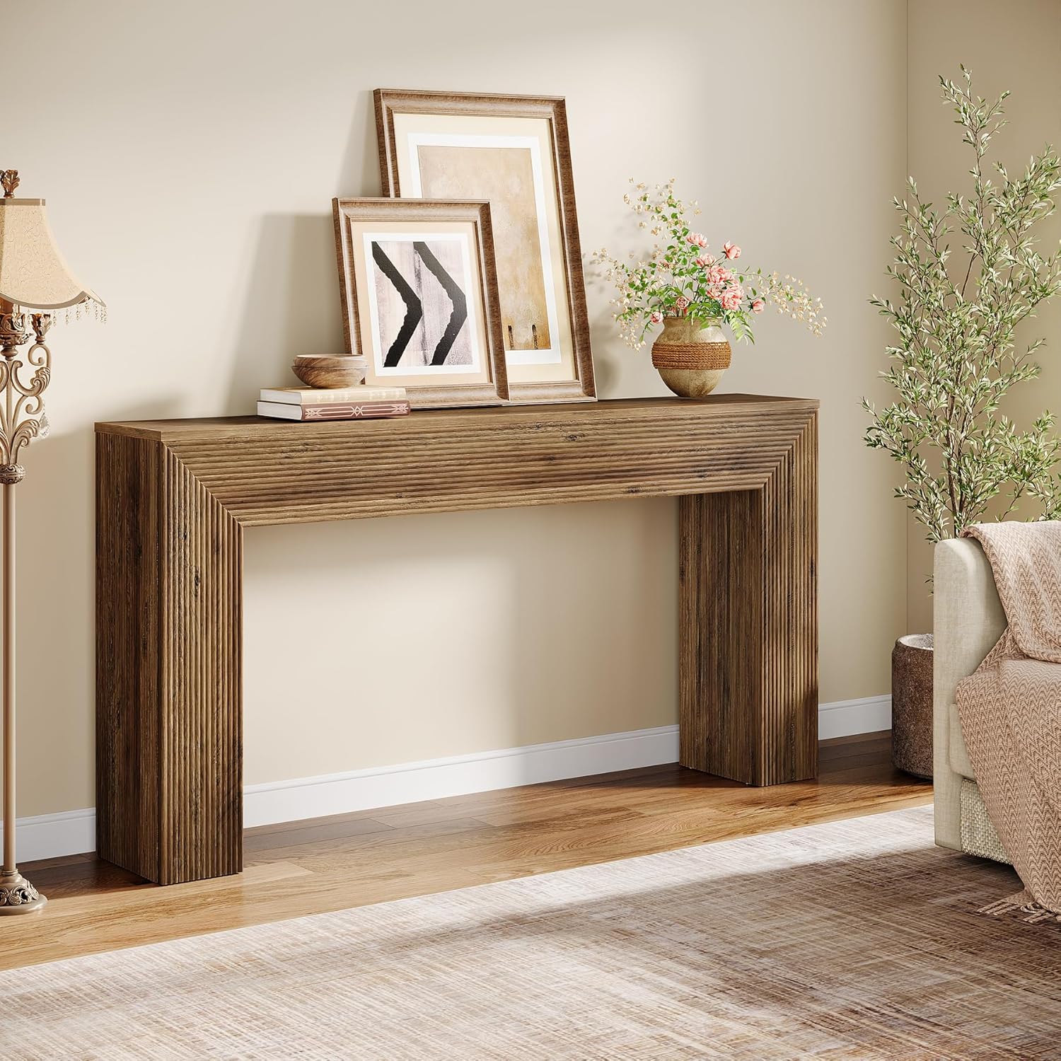 63" Fluted Console Table, Rustic Entryway Table Sofa Table Behind Couch Tribesigns