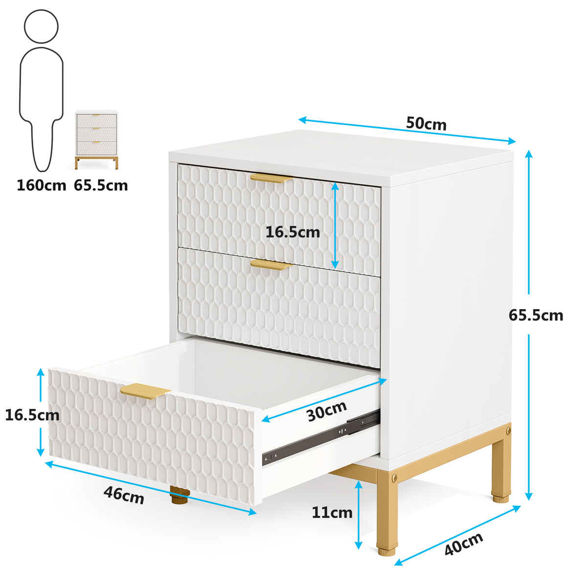 65cm Modern Nightstand, 3-Drawer Bedside Table for Bedroom