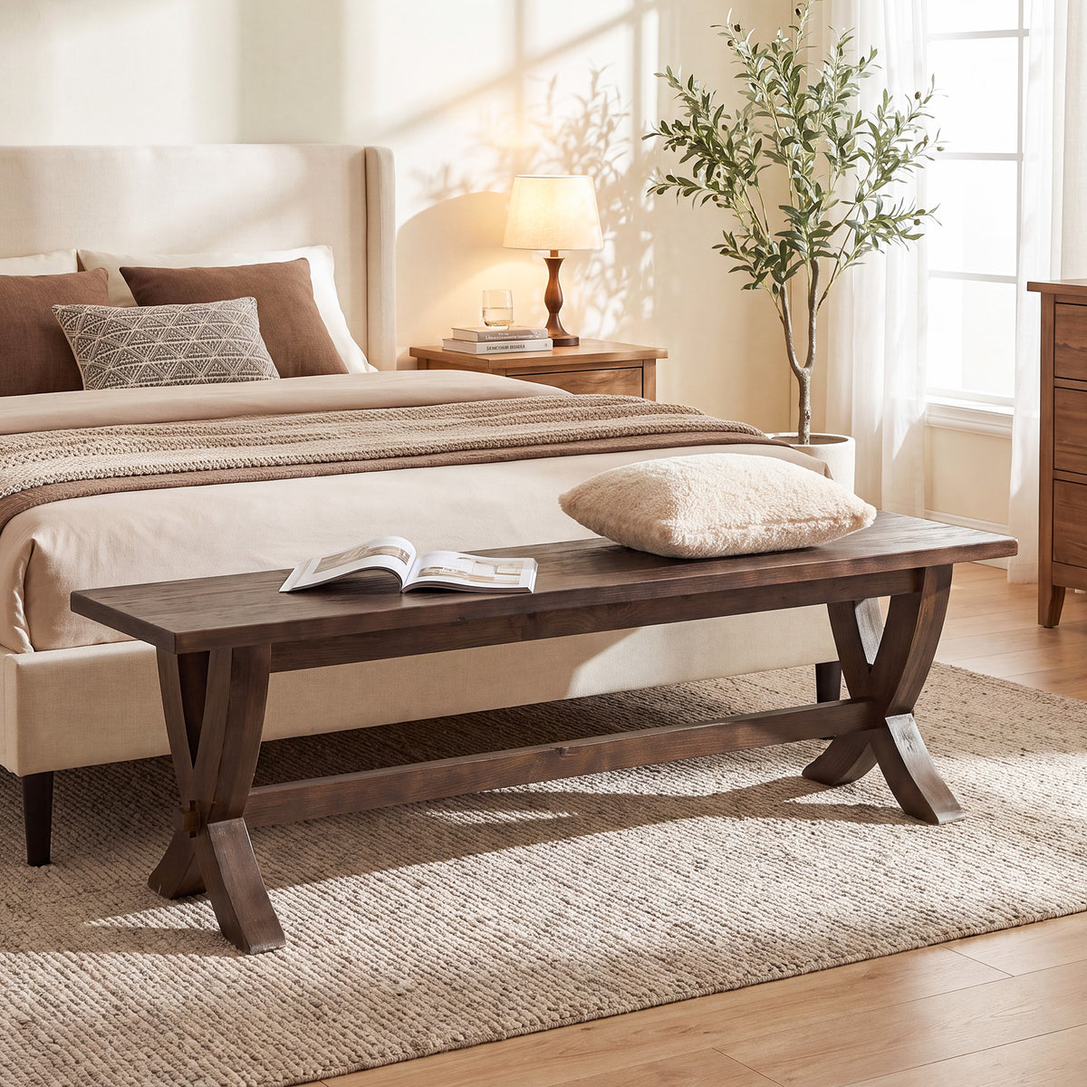 150cm Entryway Bench, Farmhouse Wooden Bench with X-Frame Legs
